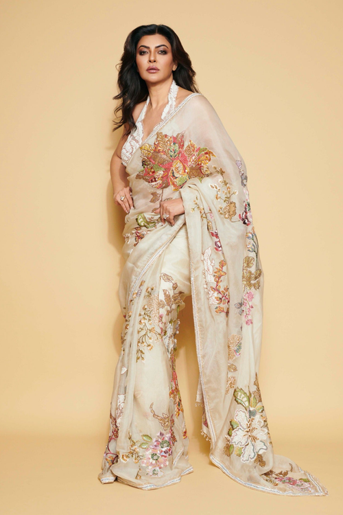 SUSHMITA SEN IN IVORY SILK ORGANZA FLORAL SAREE SET