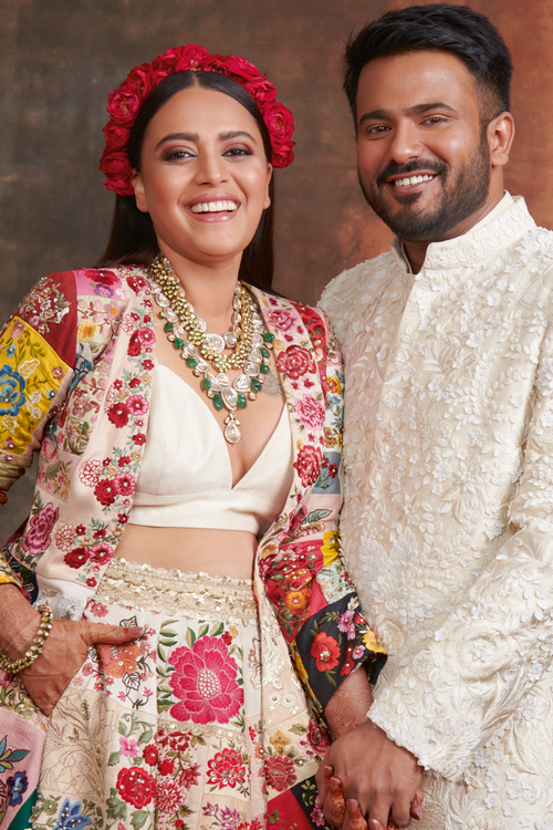 SWARA BHASKAR IN UPCYCLED MULTI PATCHWORK RED OMBRE LEHENGA SET WITH DUPATTA
