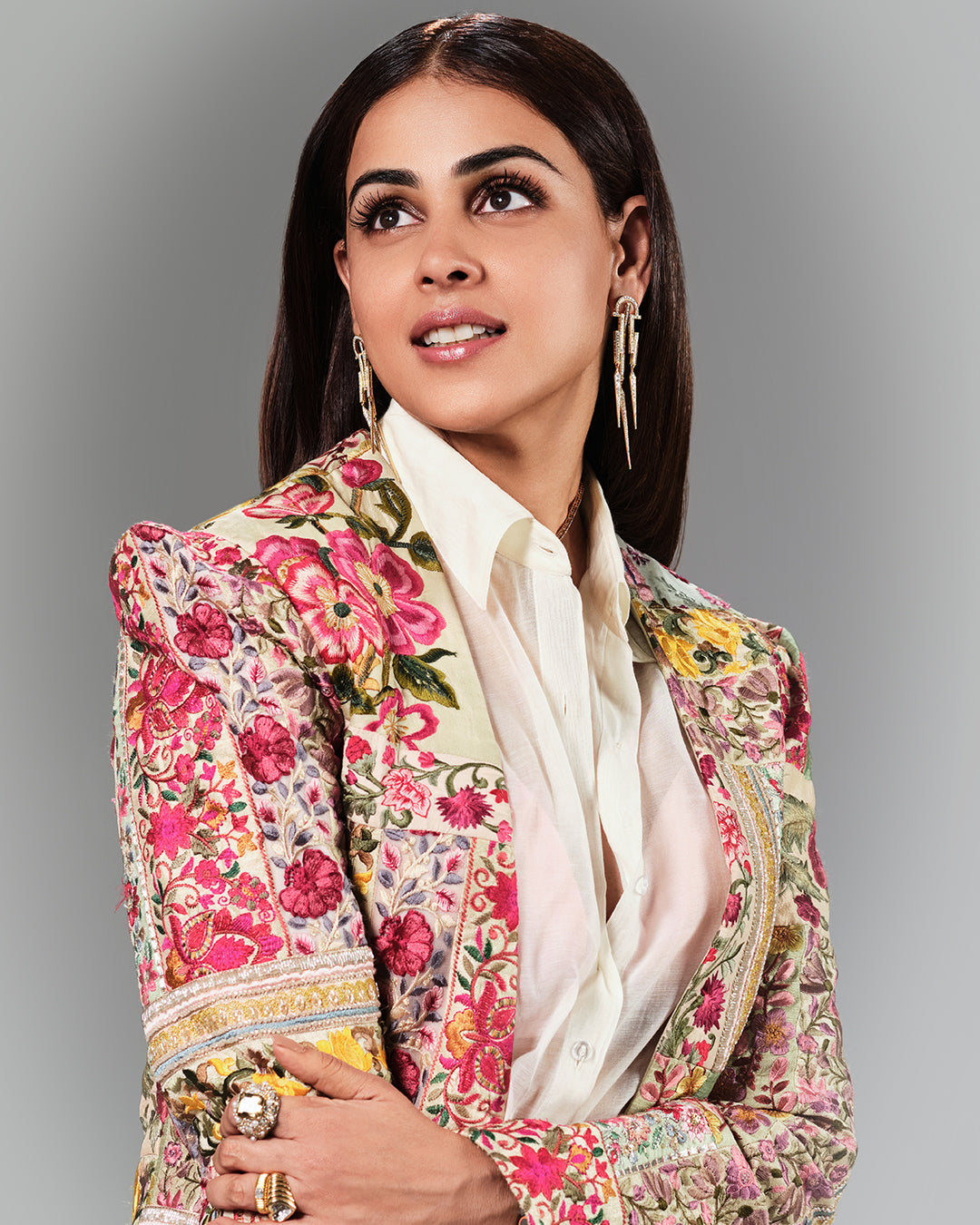 Genelia In Upcycled Multi Patchwork Power Shoulder Suit