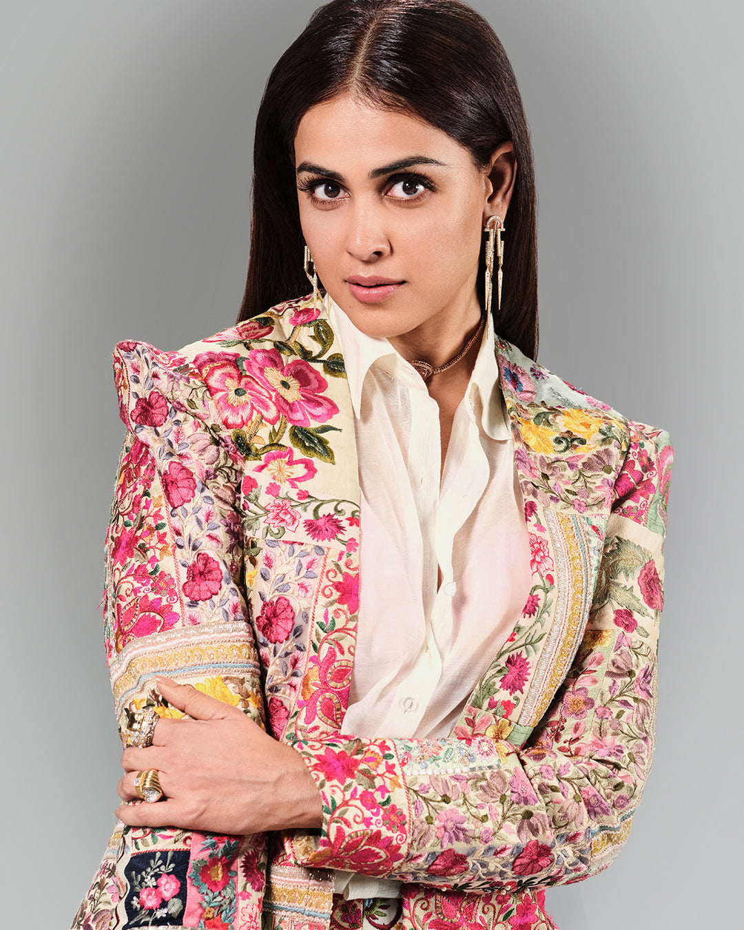 Genelia In Upcycled Multi Patchwork Power Shoulder Suit