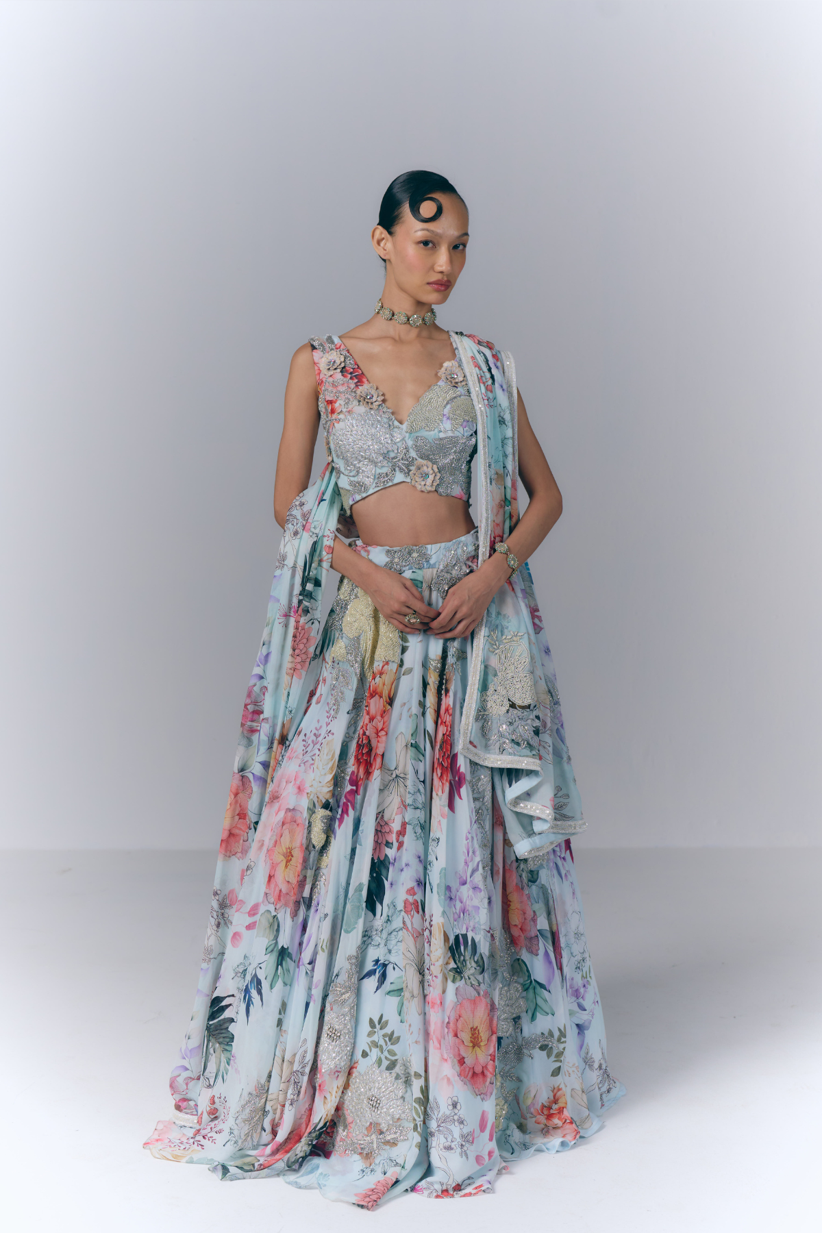 Ivory Aqua Bloom Lehenga Set
