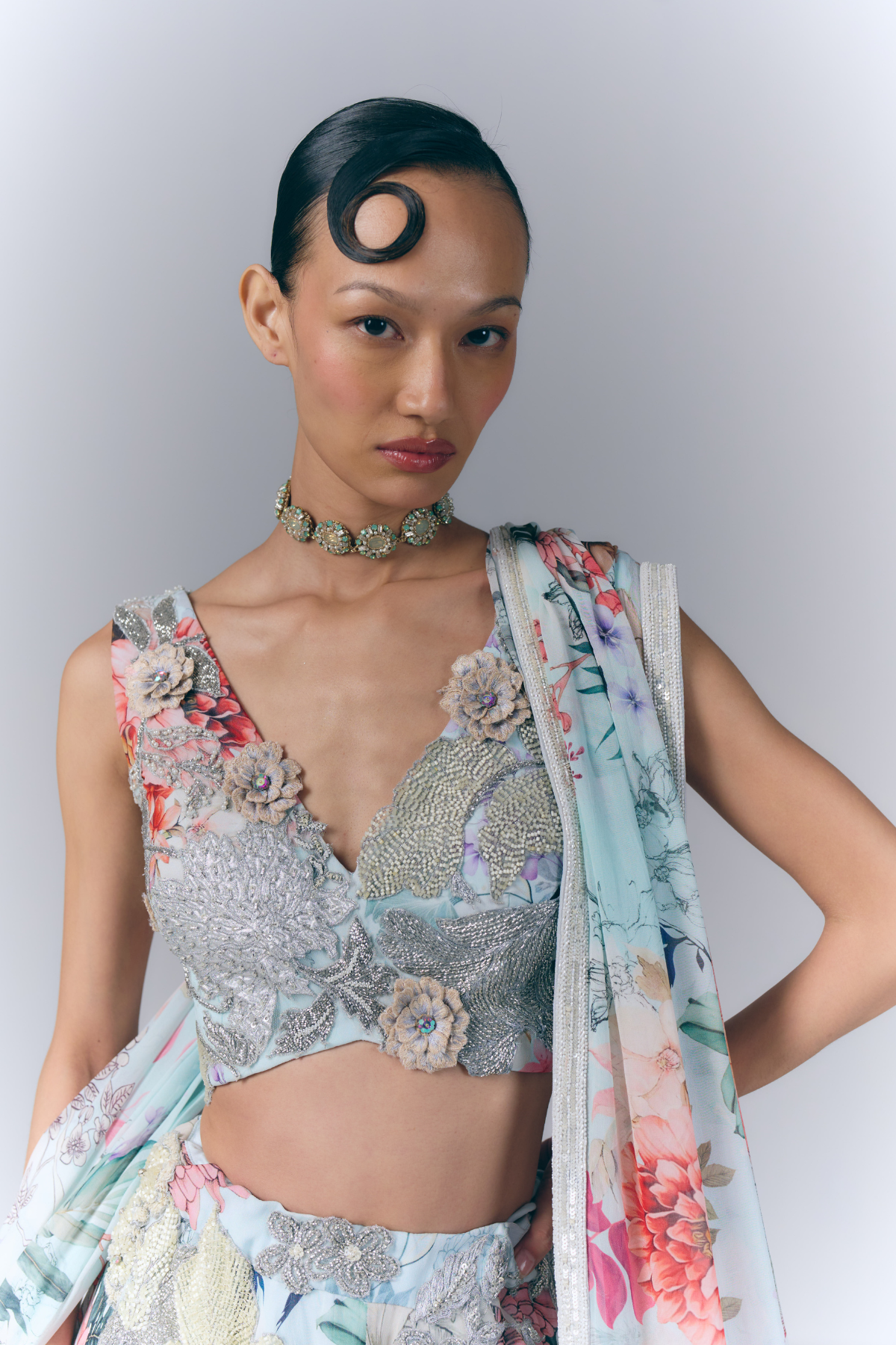 Ivory Aqua Bloom Lehenga Set