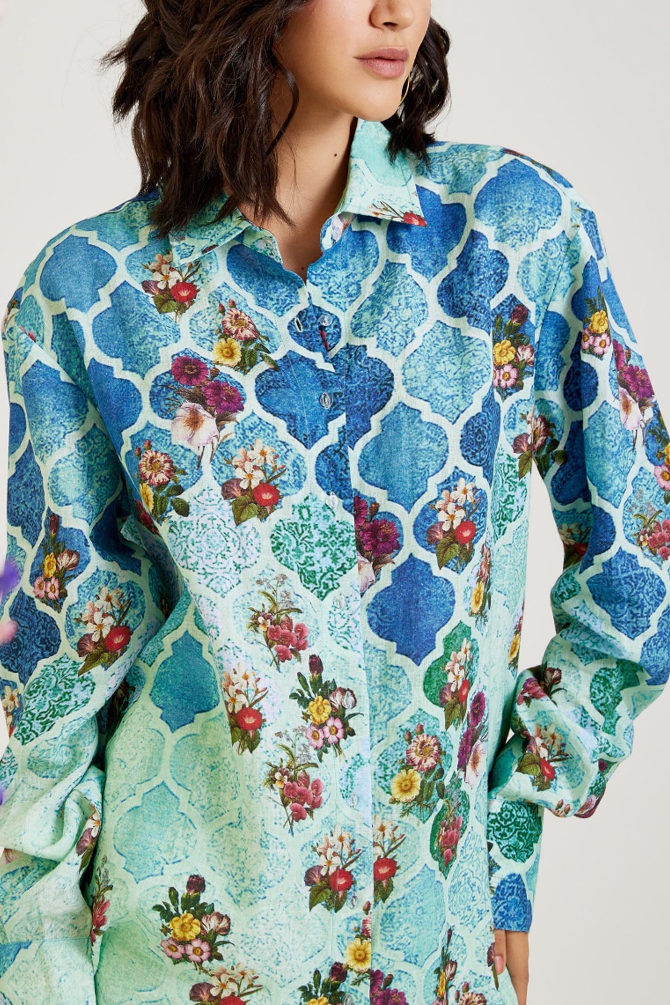 CYAN MOROCCAN PRINT PURE LINEN CO-ORD SET