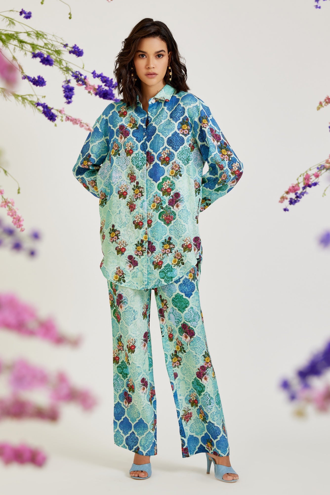 CYAN MOROCCAN PRINT PURE LINEN CO-ORD SET