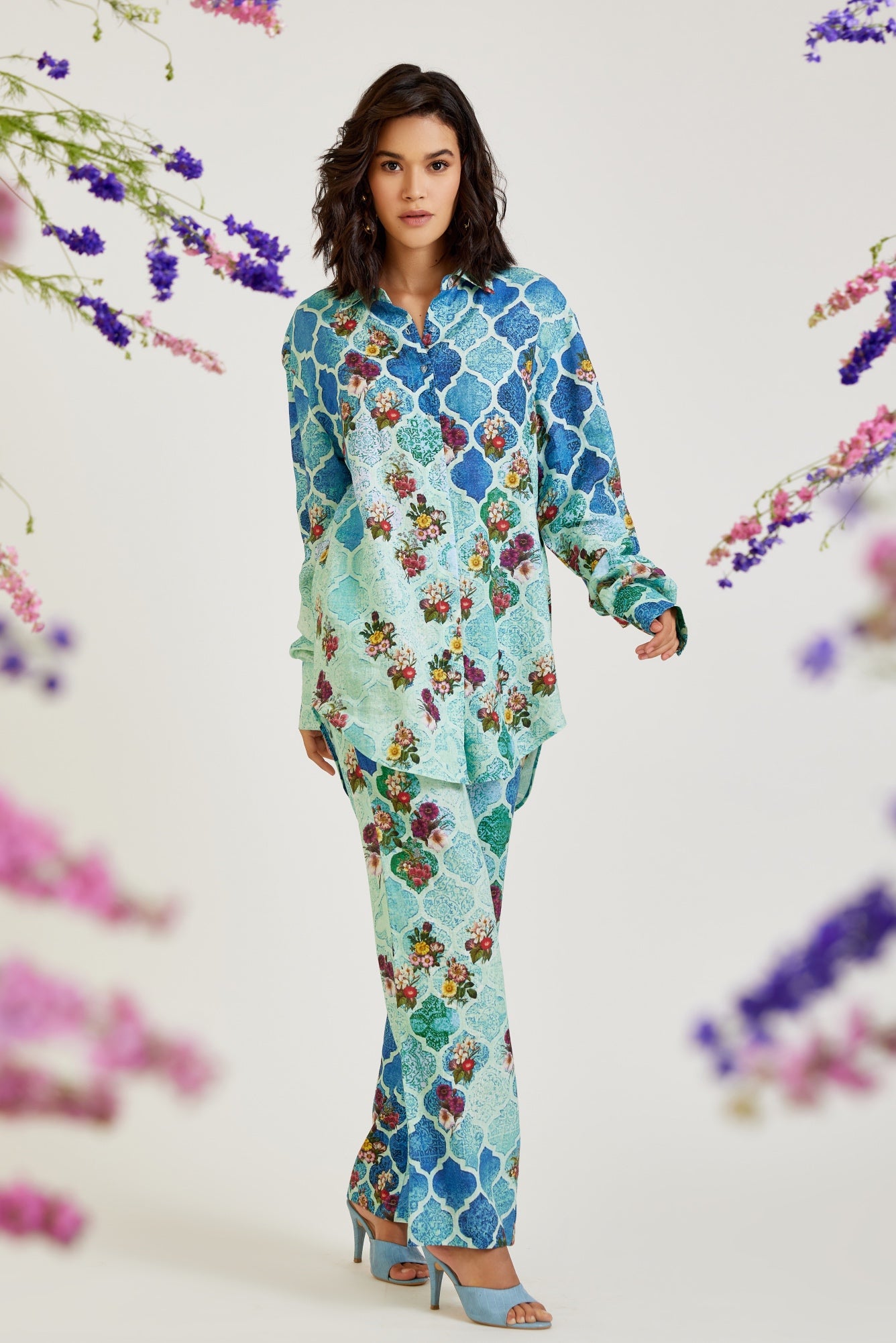 CYAN MOROCCAN PRINT PURE LINEN CO-ORD SET