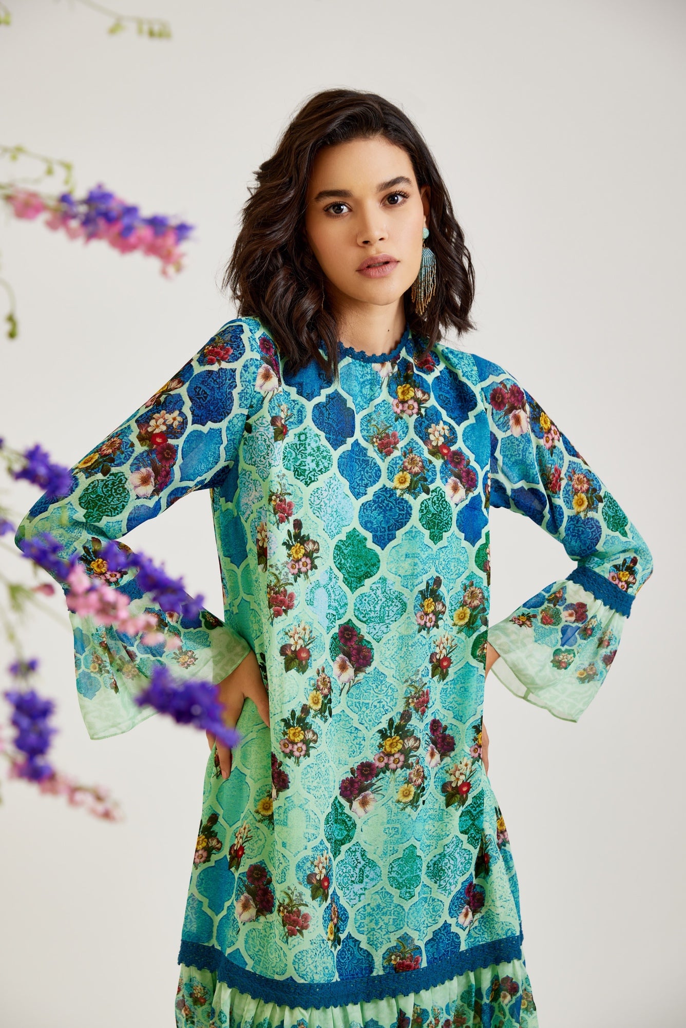 CYAN MOROCCAN PRINT SHORT A-LINE GEORGETTE DRESS