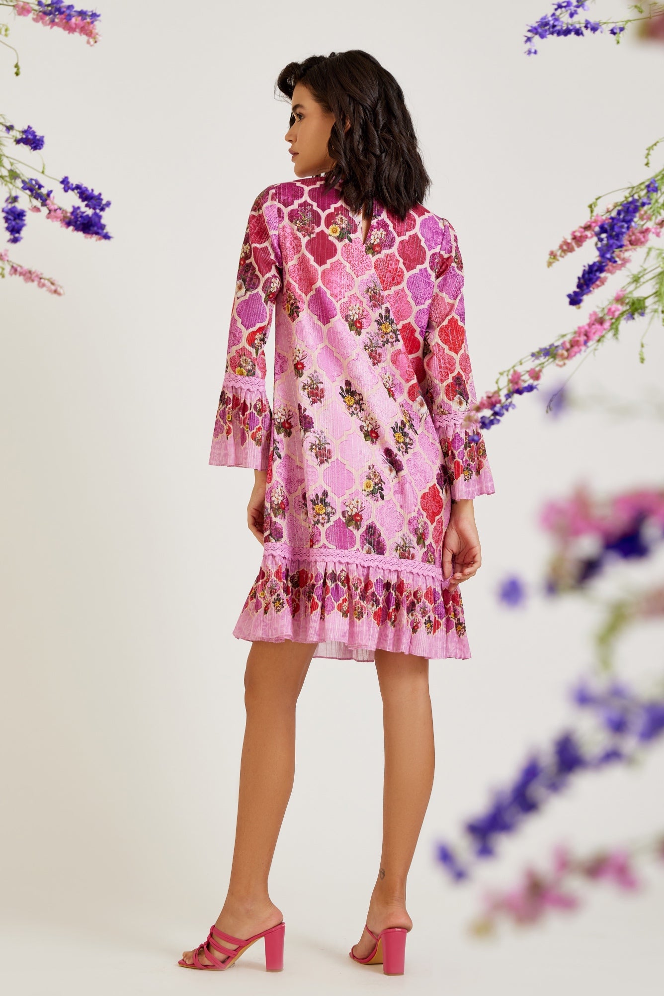 PINK MOROCCAN PRINT PURE COTTON LUREX A-LINE DRESS