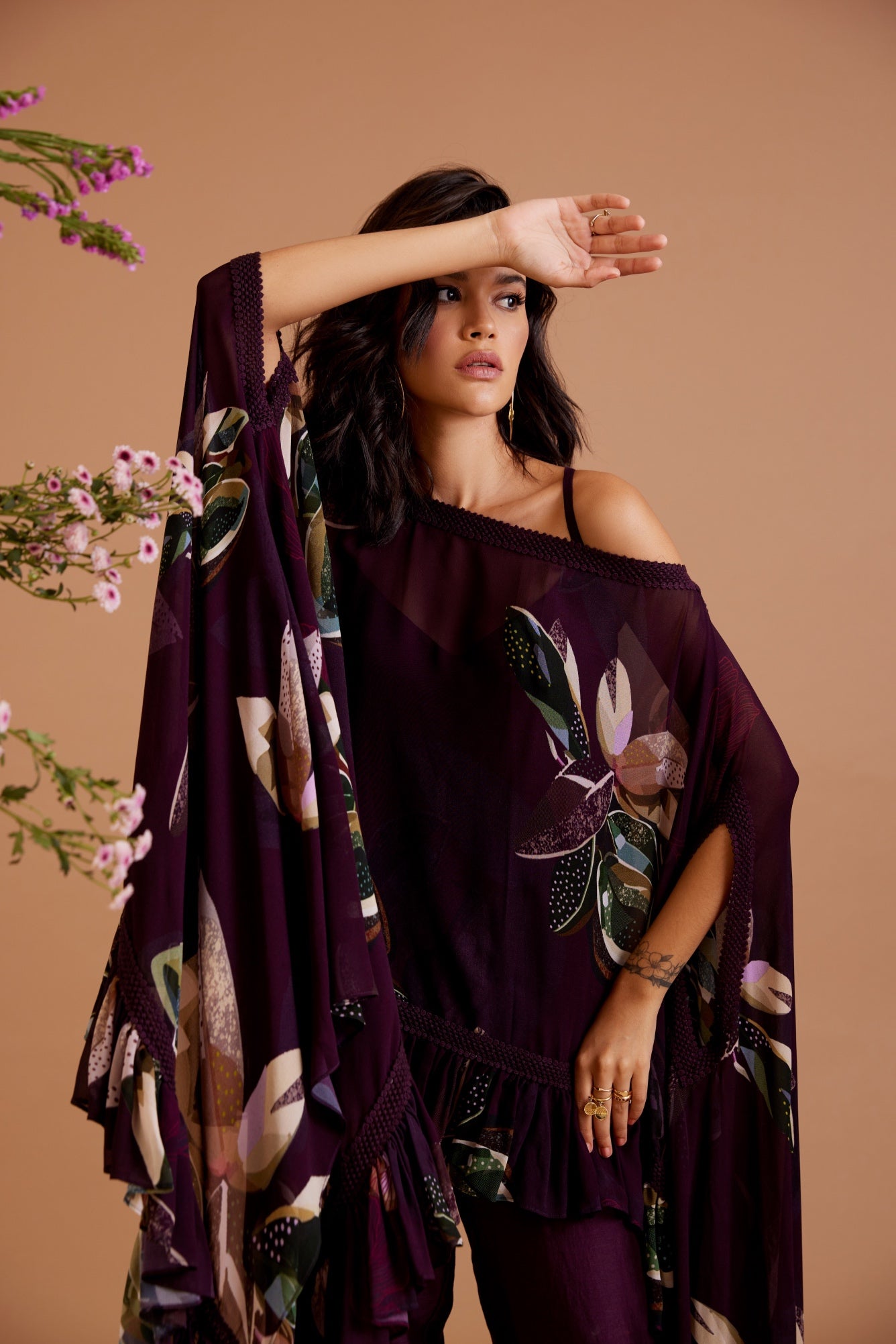 BOTANICAL LEAF RUFFLE GEORGETTE TUNIC SET