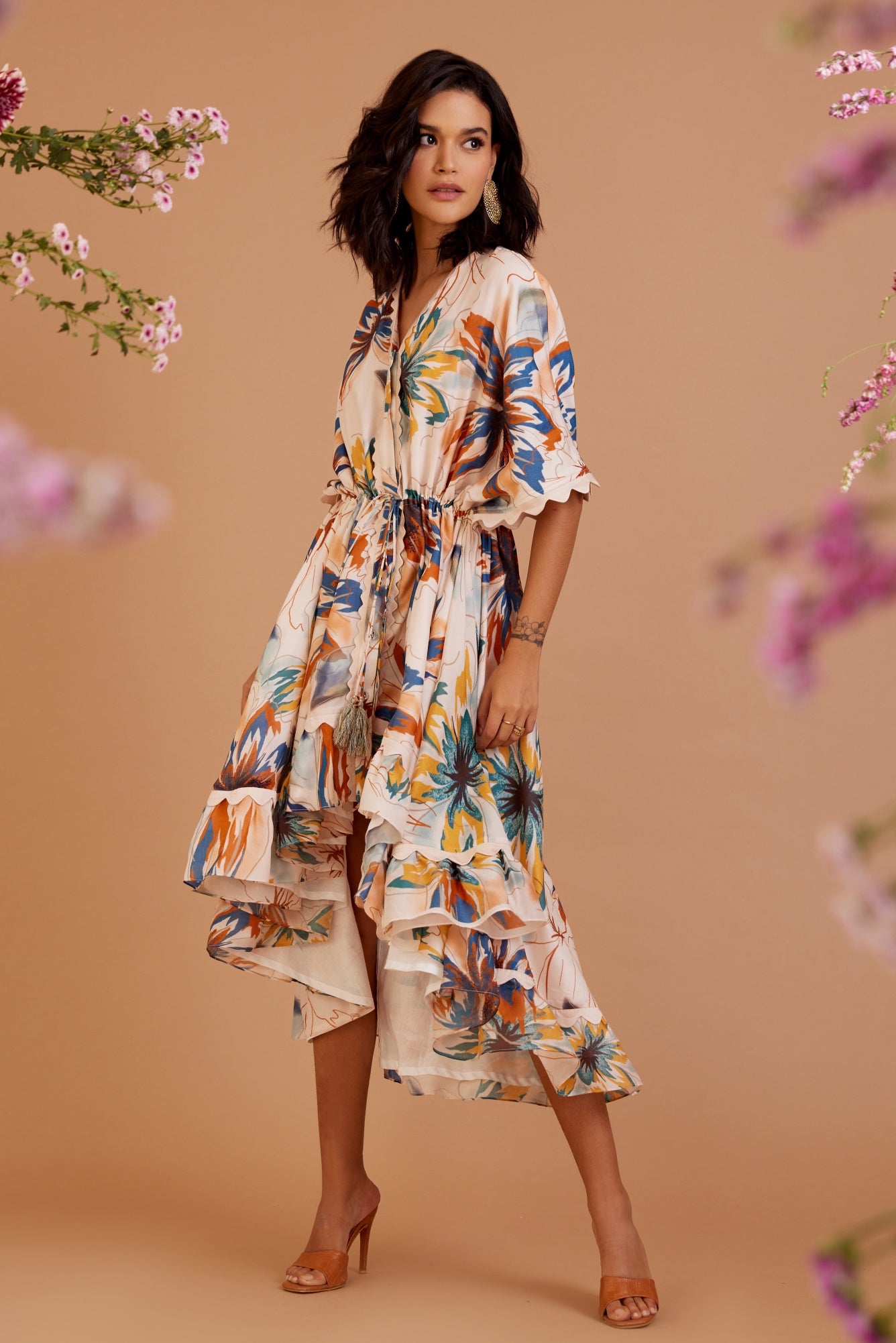 SUMMER FLOWER IVORY HI-LOW CHANDERI DRESS