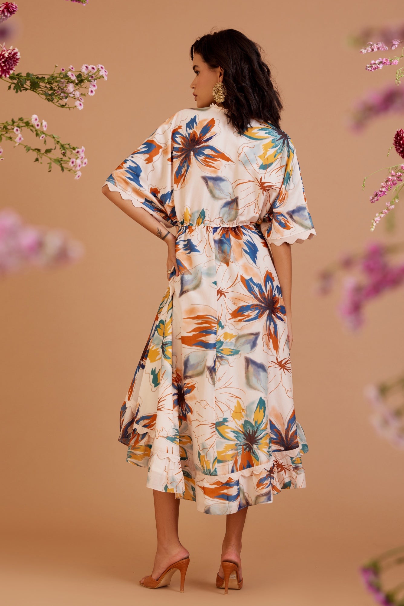 SUMMER FLOWER IVORY HI-LOW CHANDERI DRESS