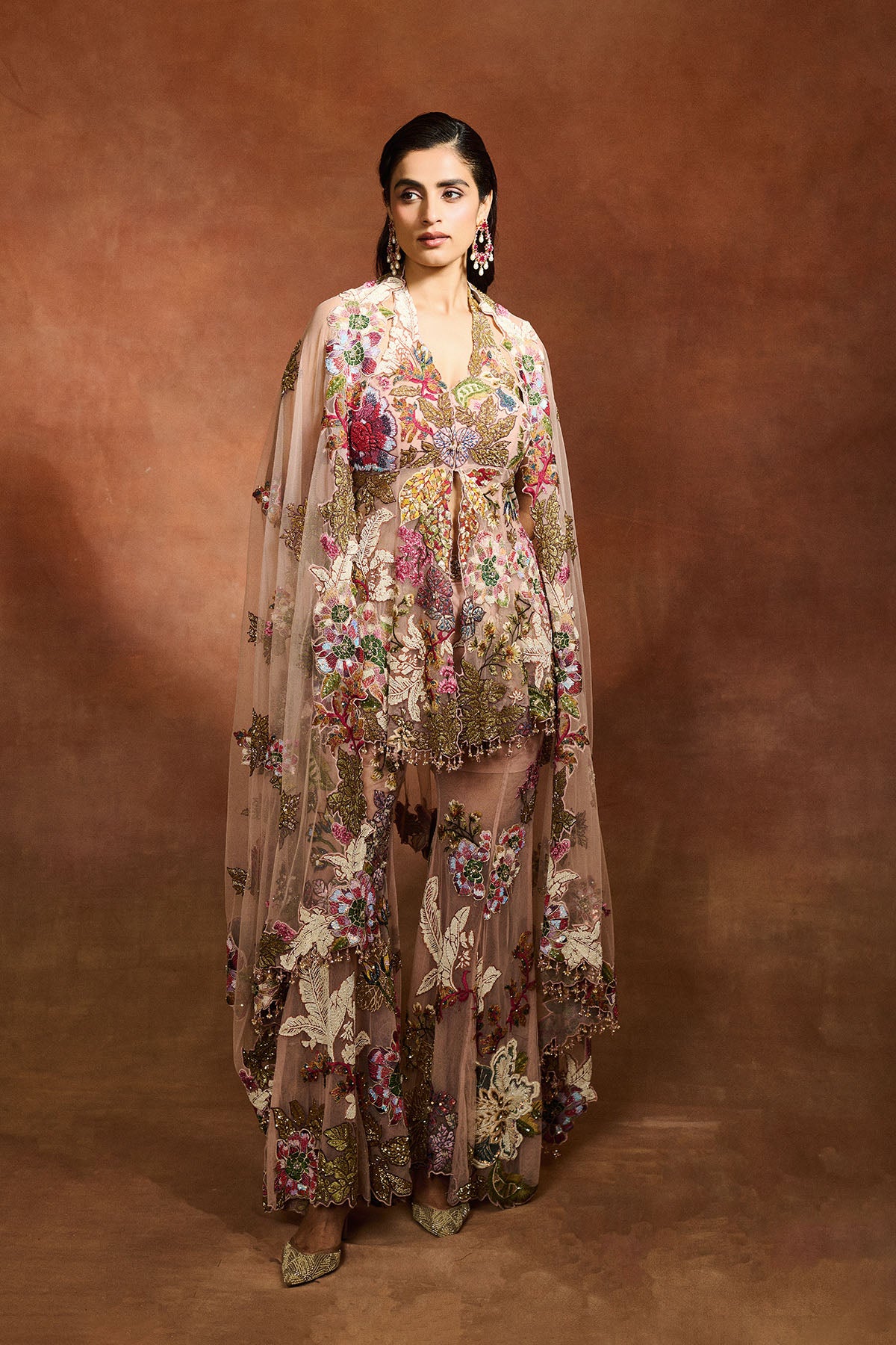 Peach Patchwork Peplum Sharara Set