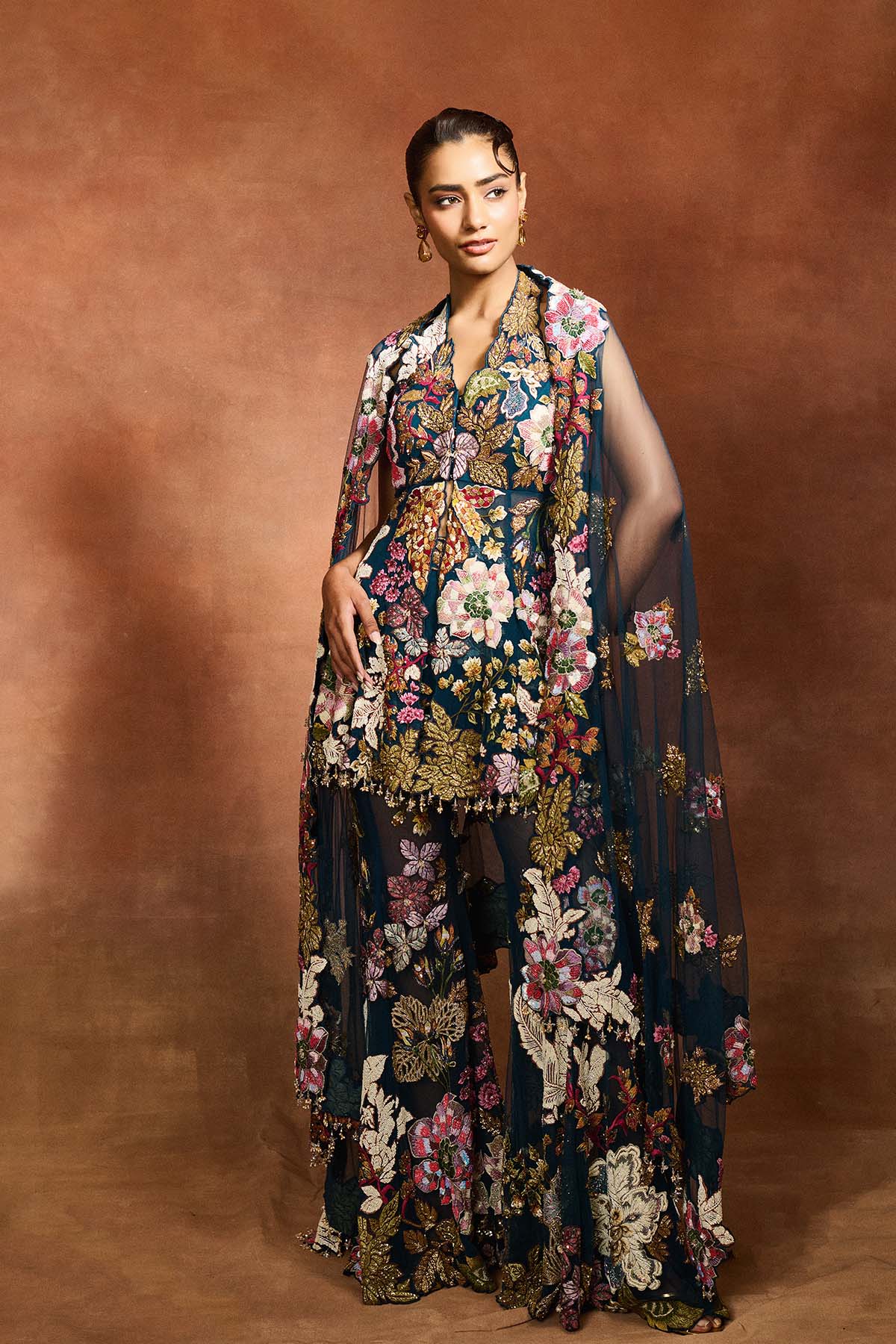 Navy Blue Patchwork Peplum Sharara Set