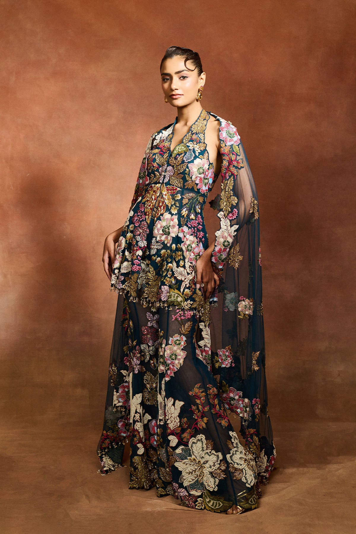 Navy Blue Patchwork Peplum Sharara Set