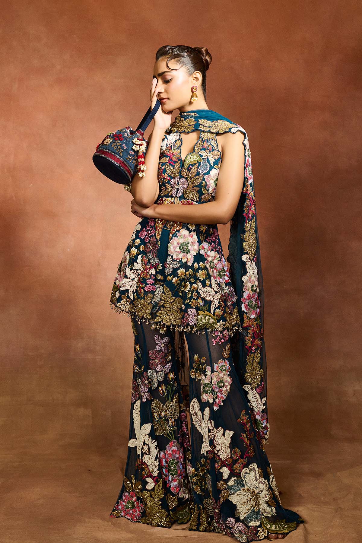 Navy Blue Patchwork Peplum Sharara Set
