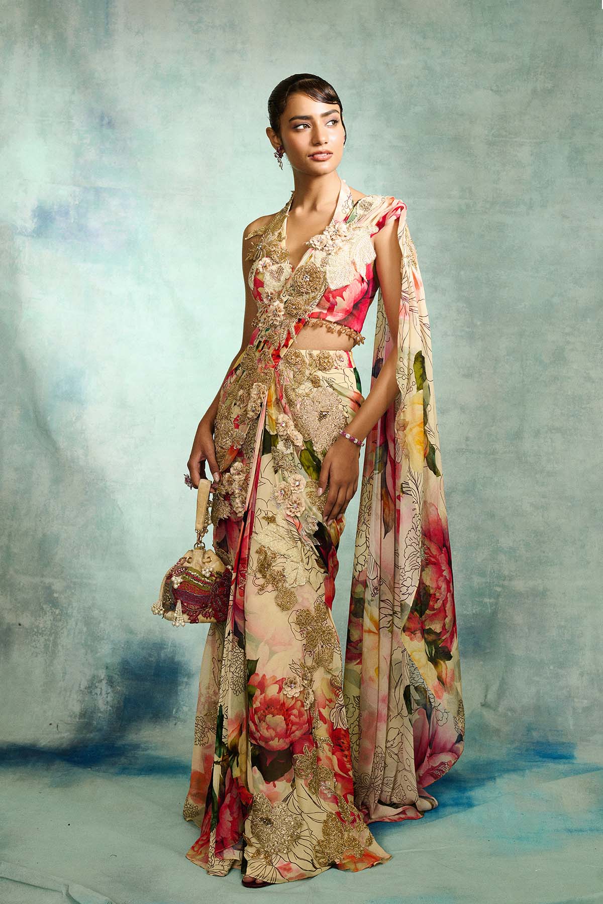 Multicolored Pre Draped Saree Set