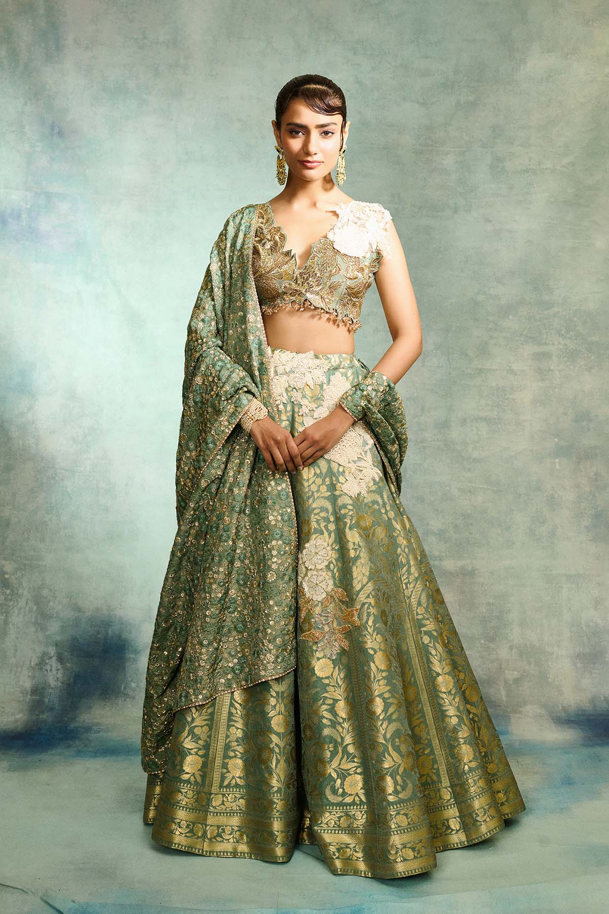 Brocade Pista Green Lehenga Set