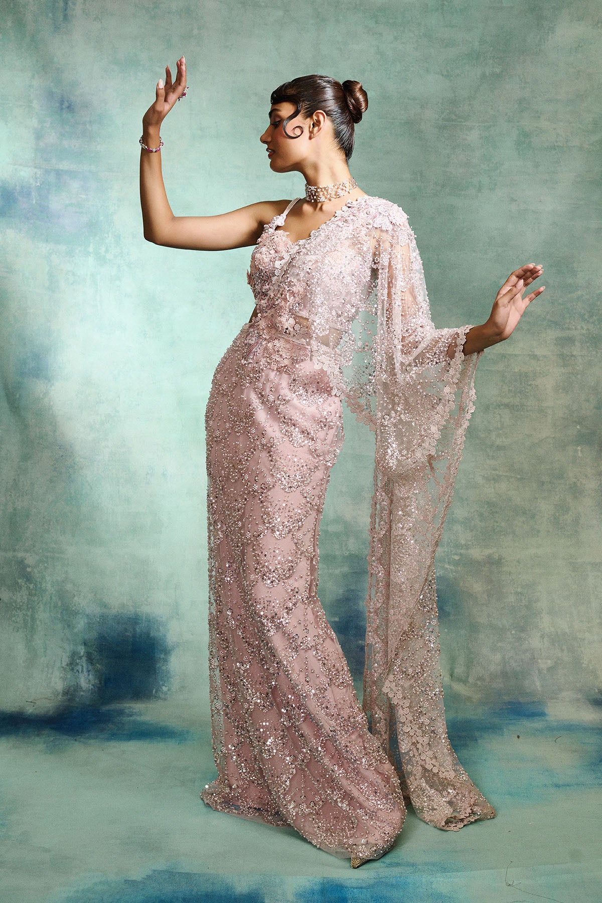 Pearl Pink Drape Saree
