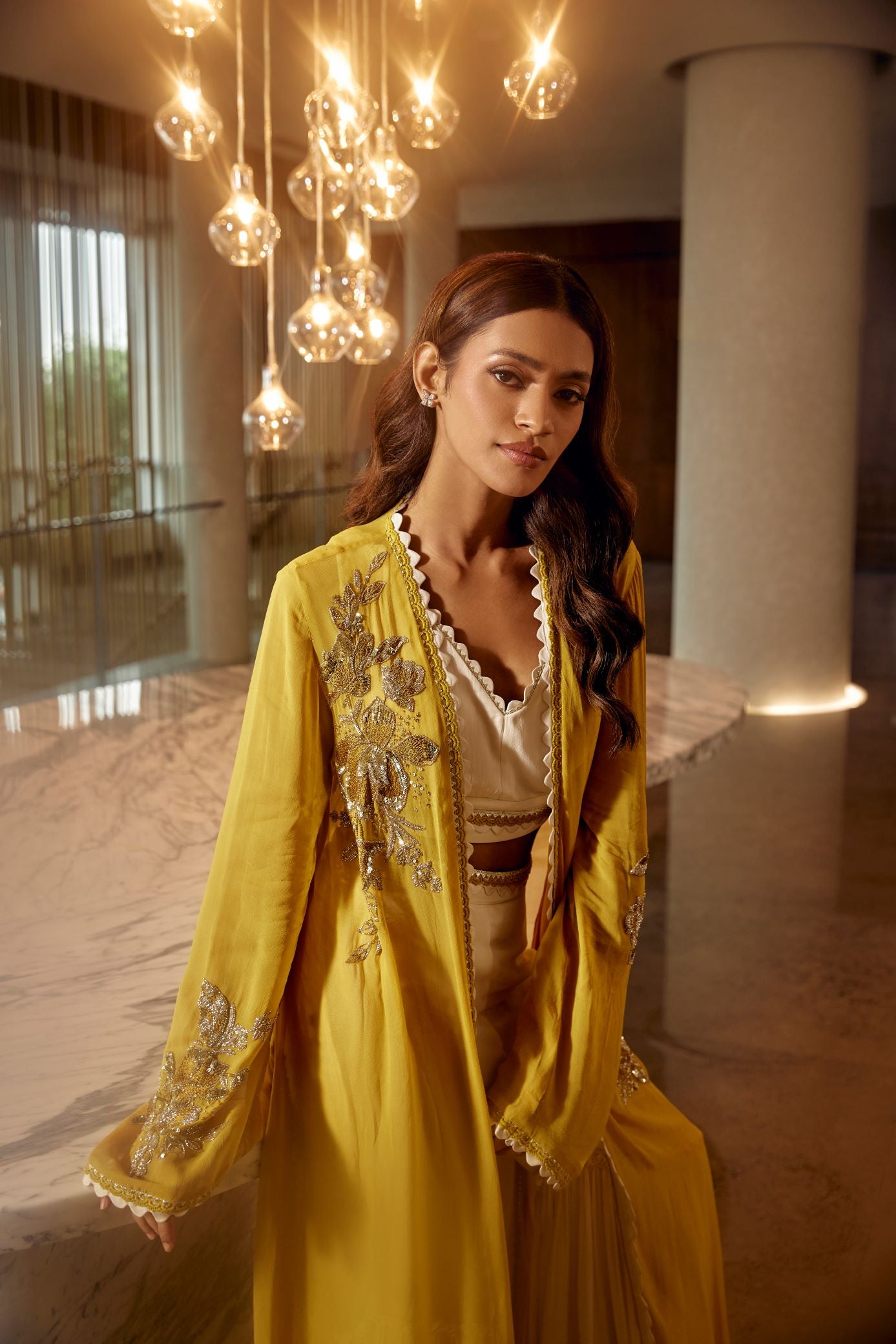 YELLOW & IVORY EMBROIDERED SHARARA SET