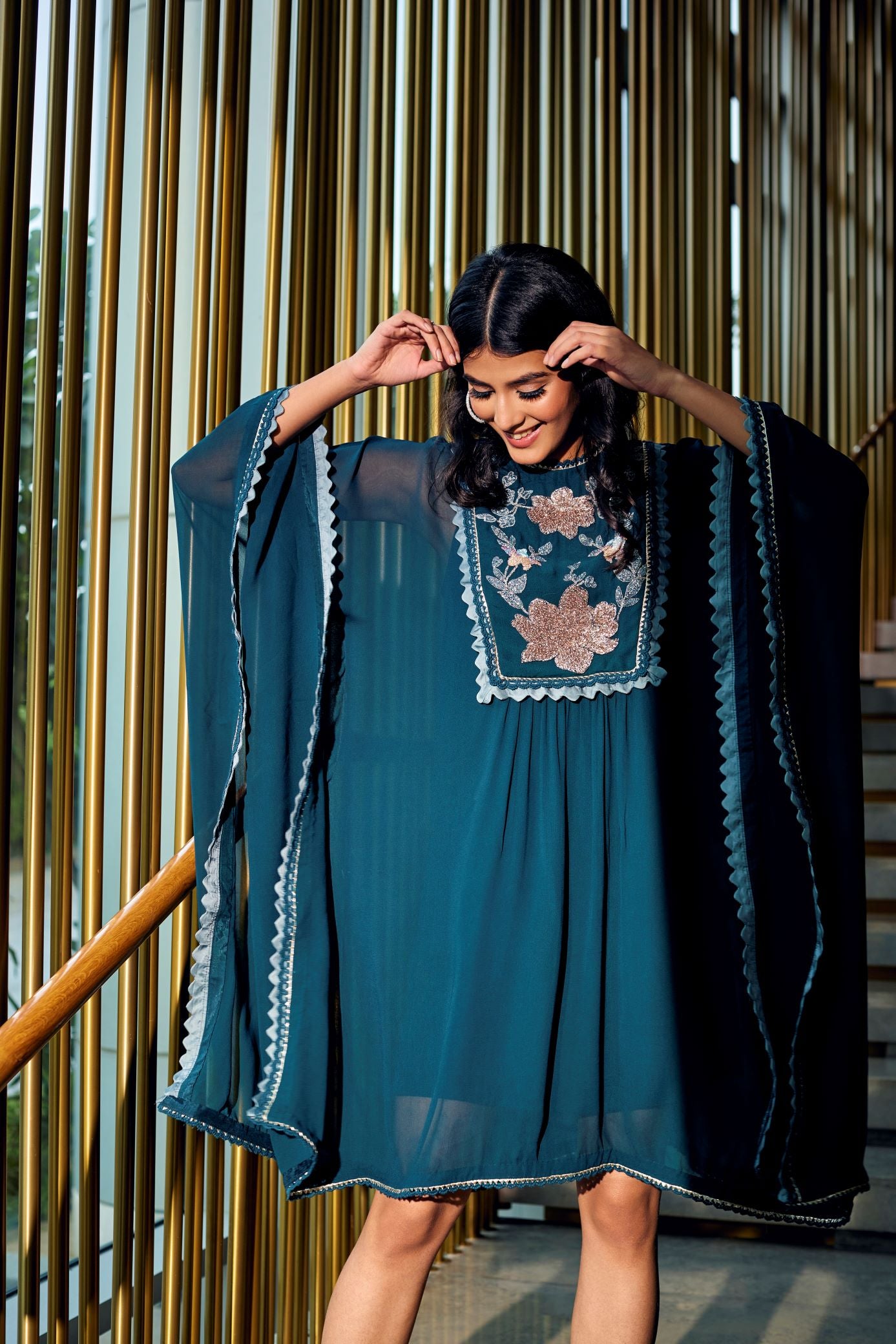 TEAL EMBROIDERED SHORT KAFTAN