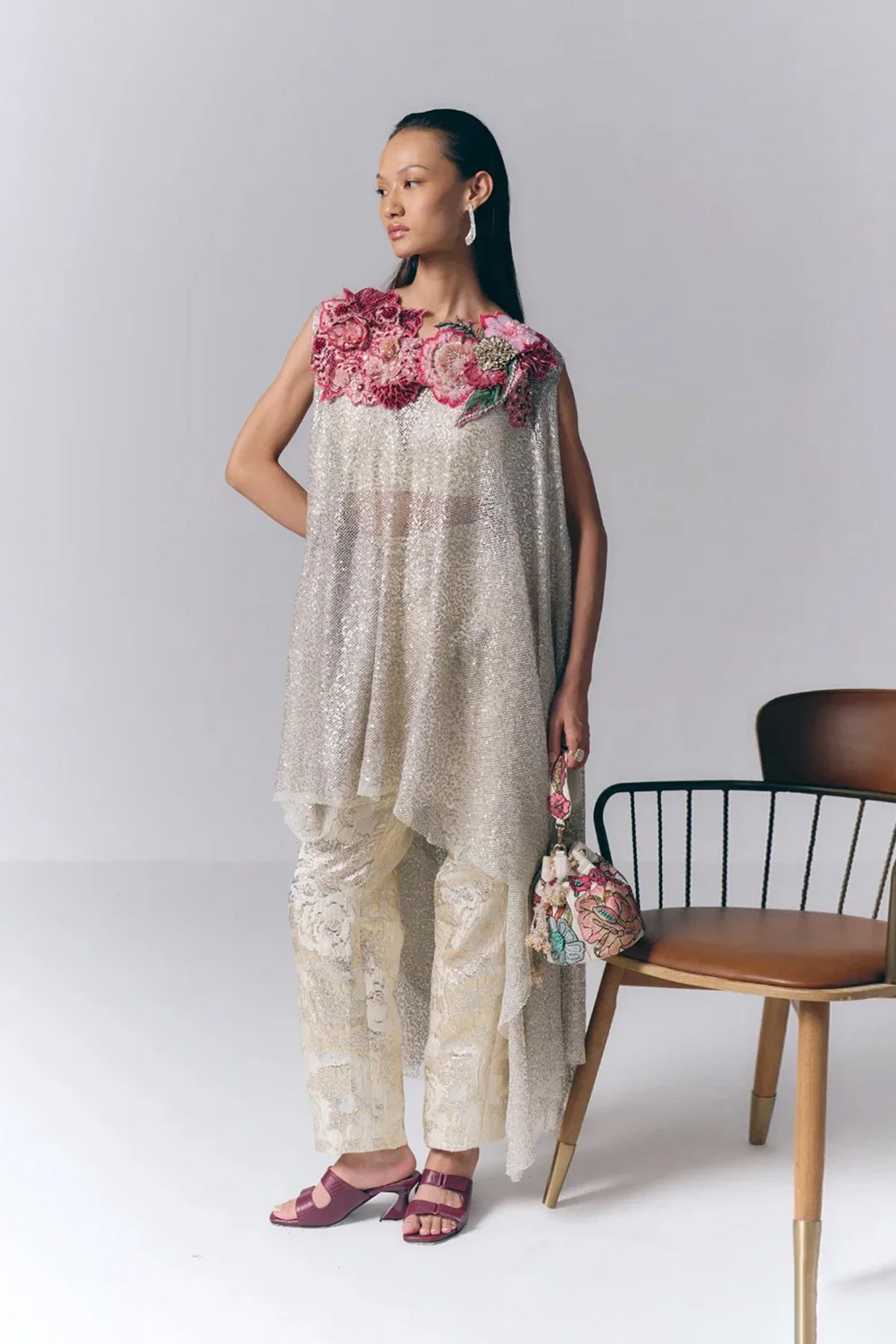 Asymmetric Beige Top with Pants