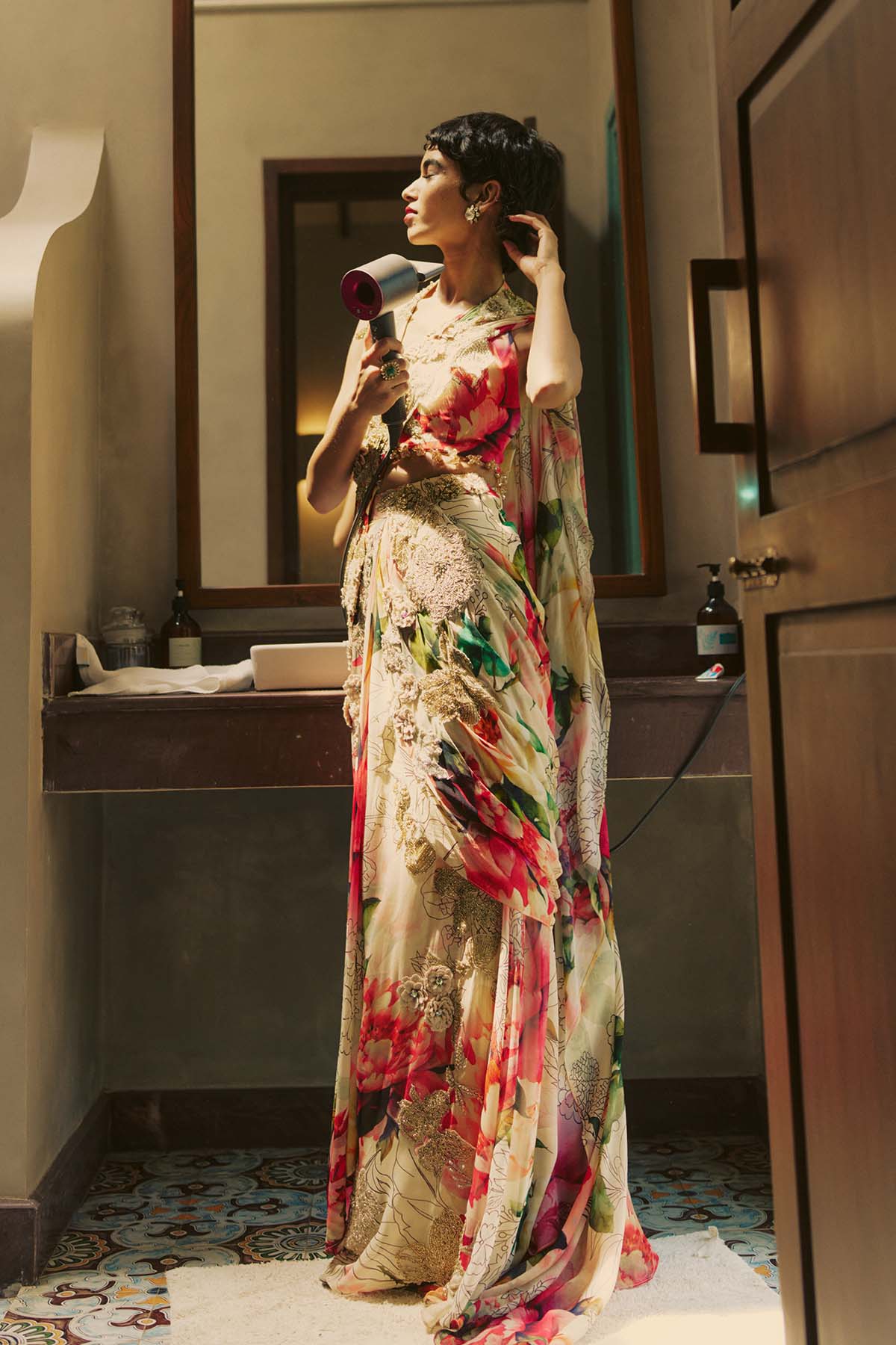 Multicolored Pre Draped Saree Set