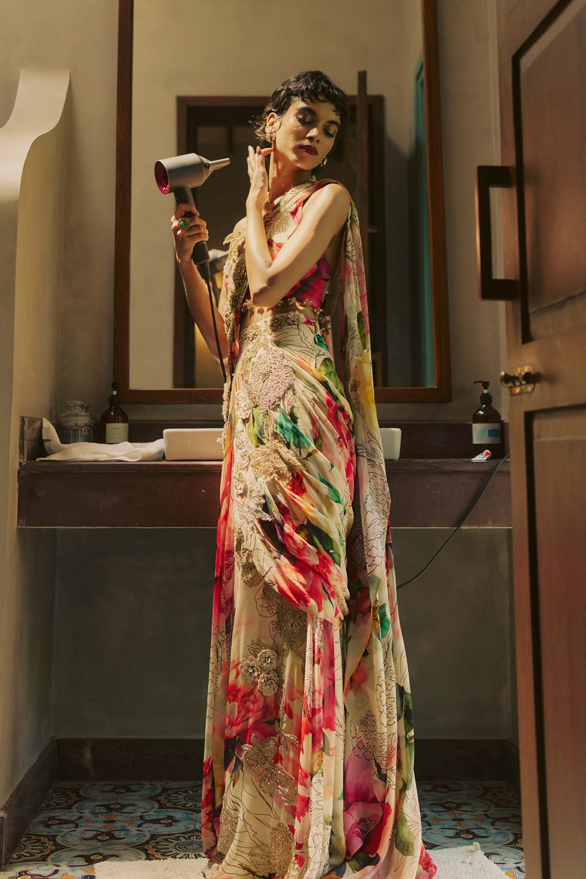 Multicolored Pre Draped Saree Set