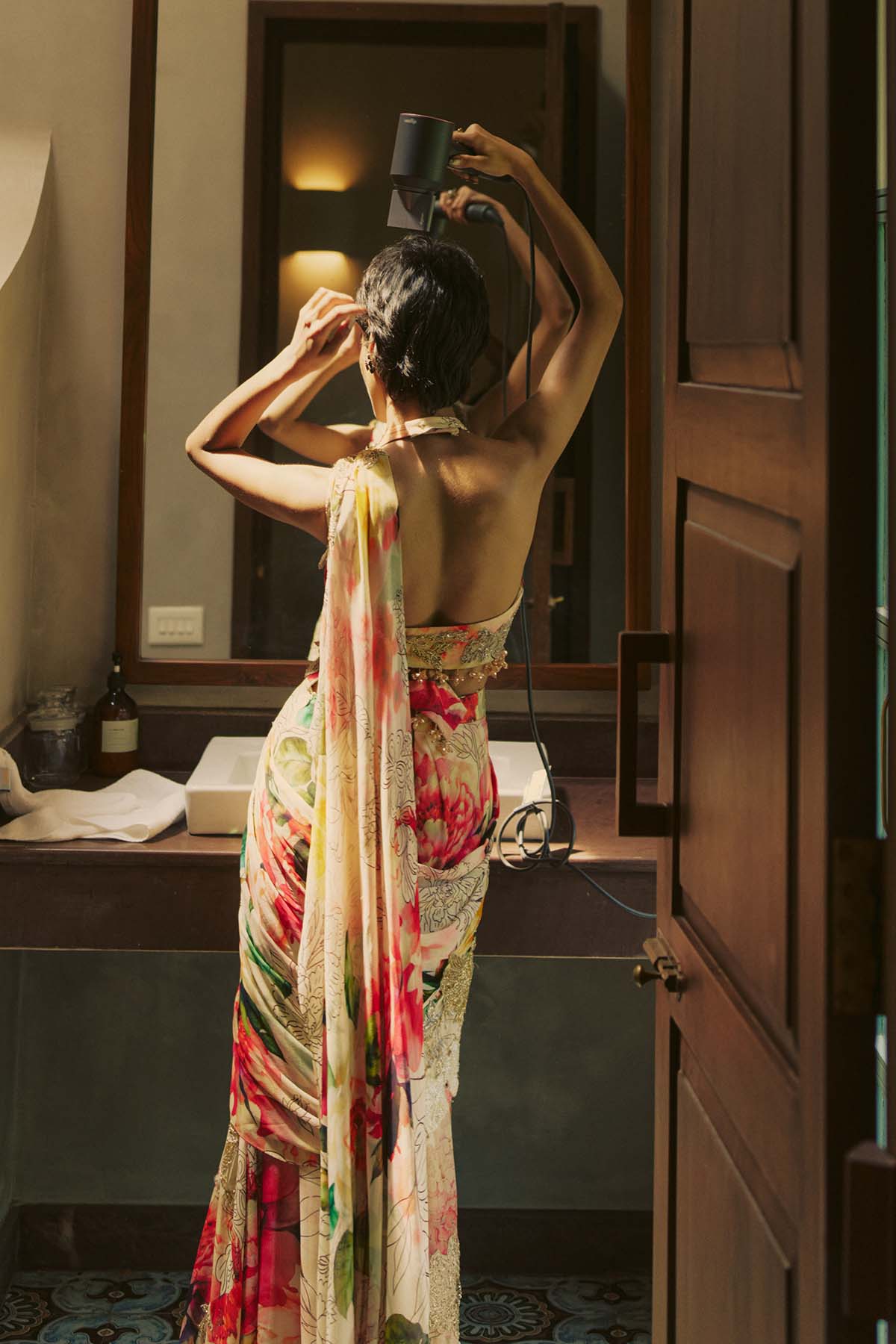 Multicolored Pre Draped Saree Set