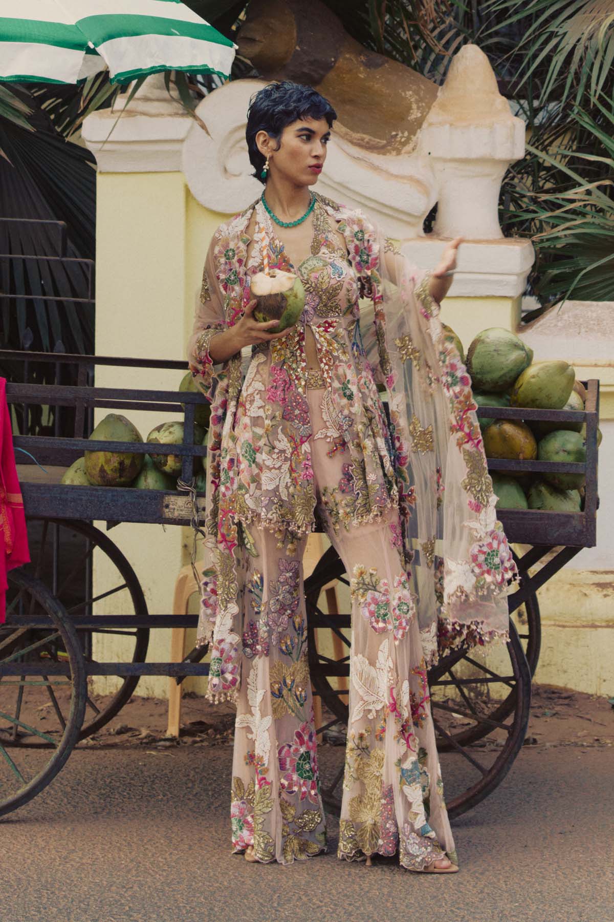 Peach Patchwork Peplum Sharara Set
