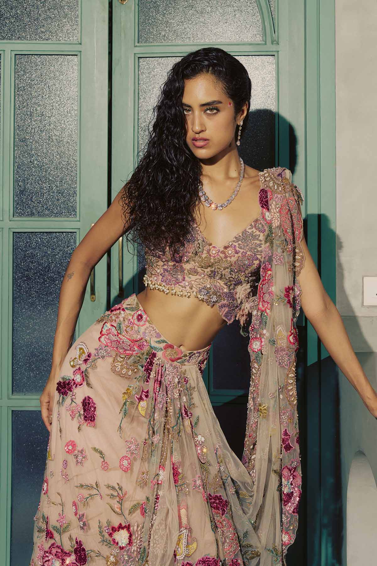Peach Embroidered Saree Set