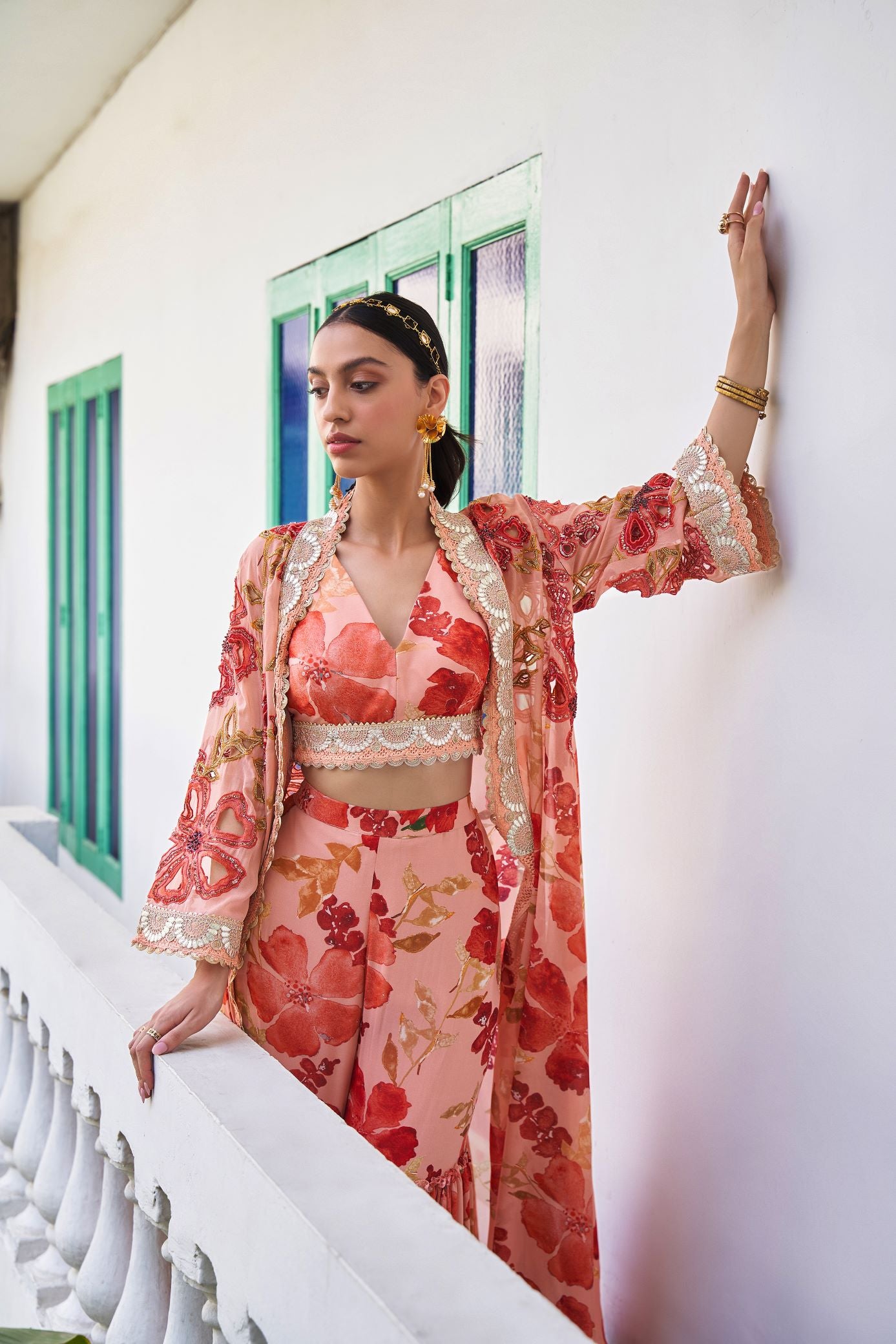 AZALEA PEACH CO-ORD SET WITH KAFTAN CAPE