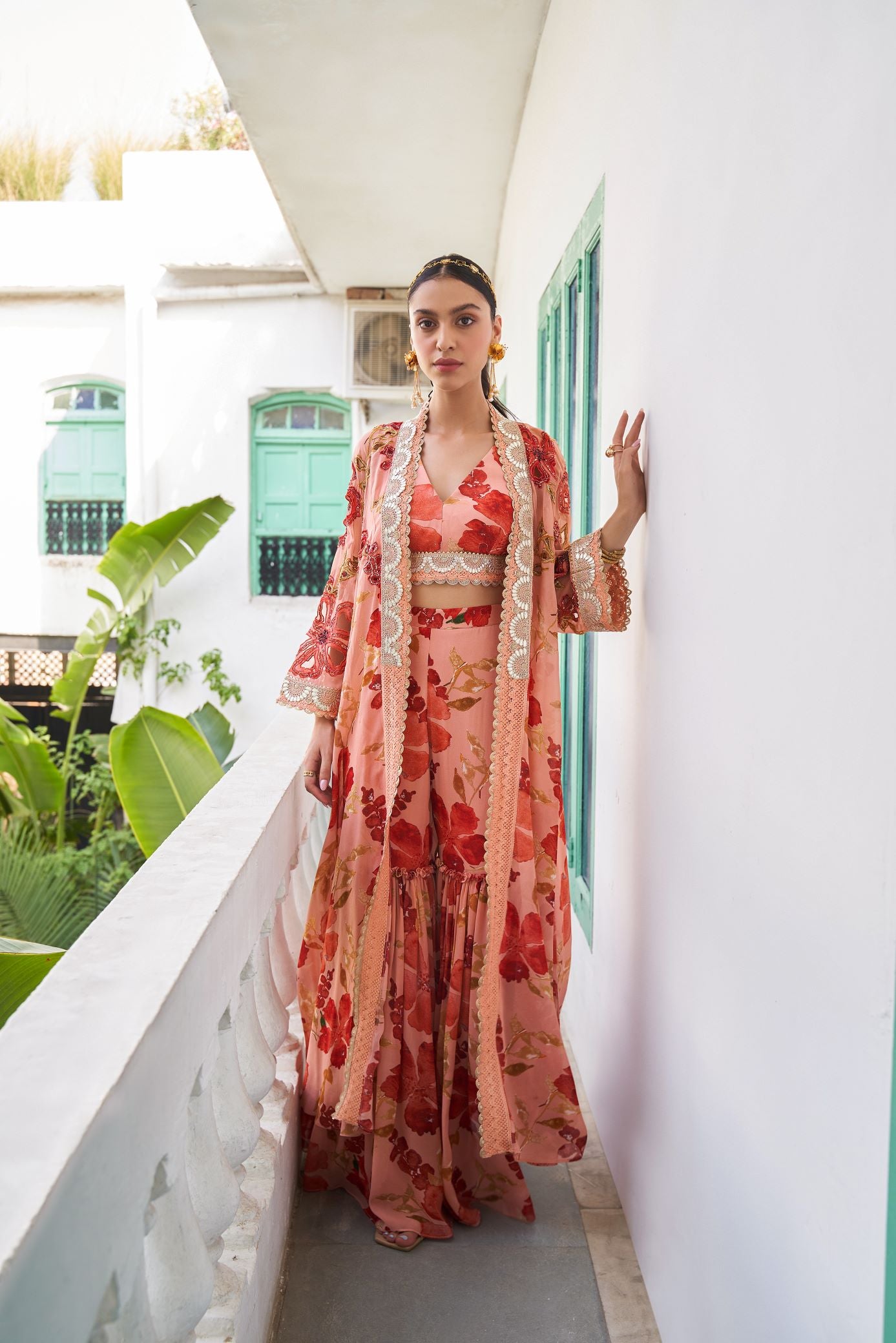 AZALEA PEACH CO-ORD SET WITH KAFTAN CAPE