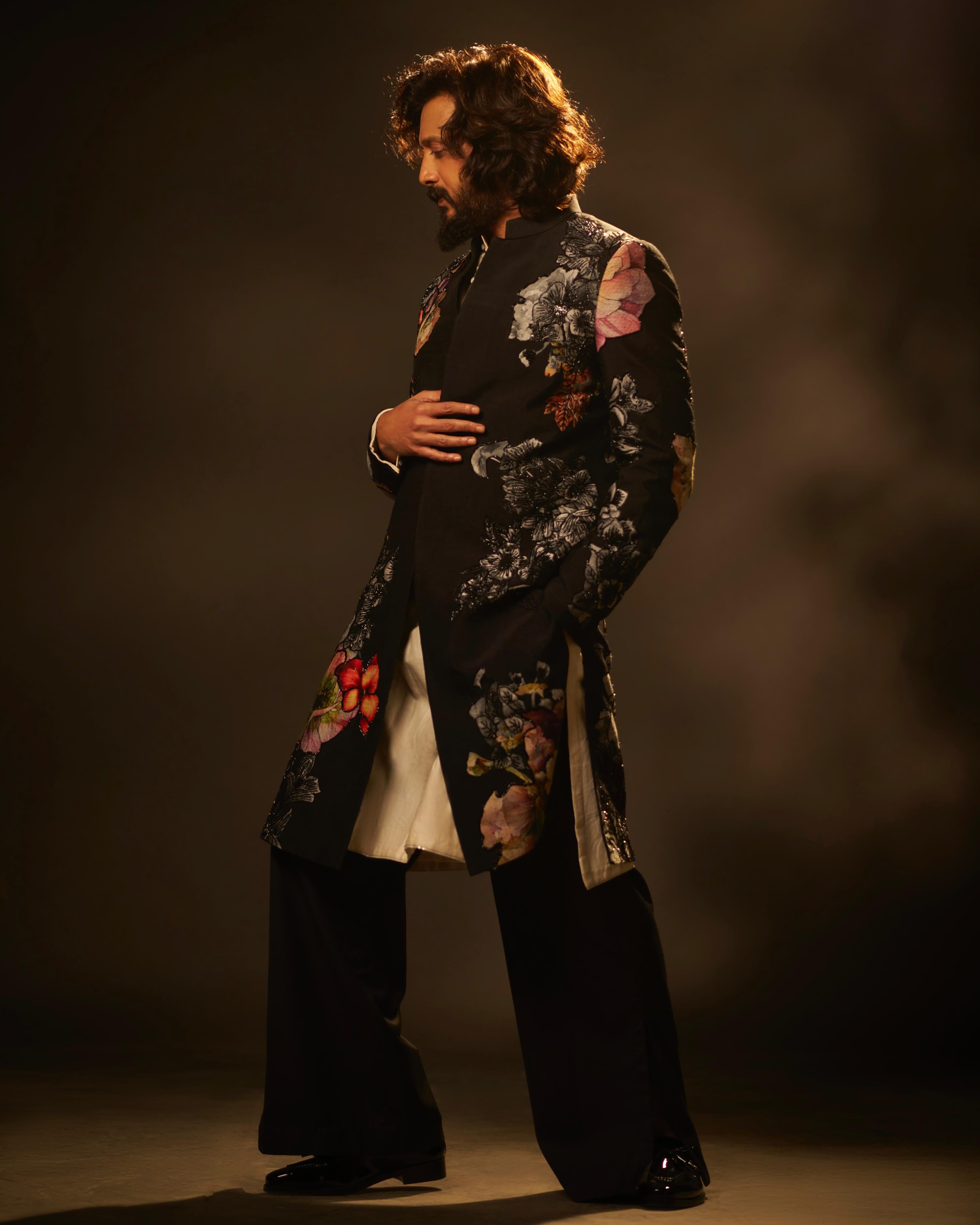 Ritesh In Black Printed Sherwani Set