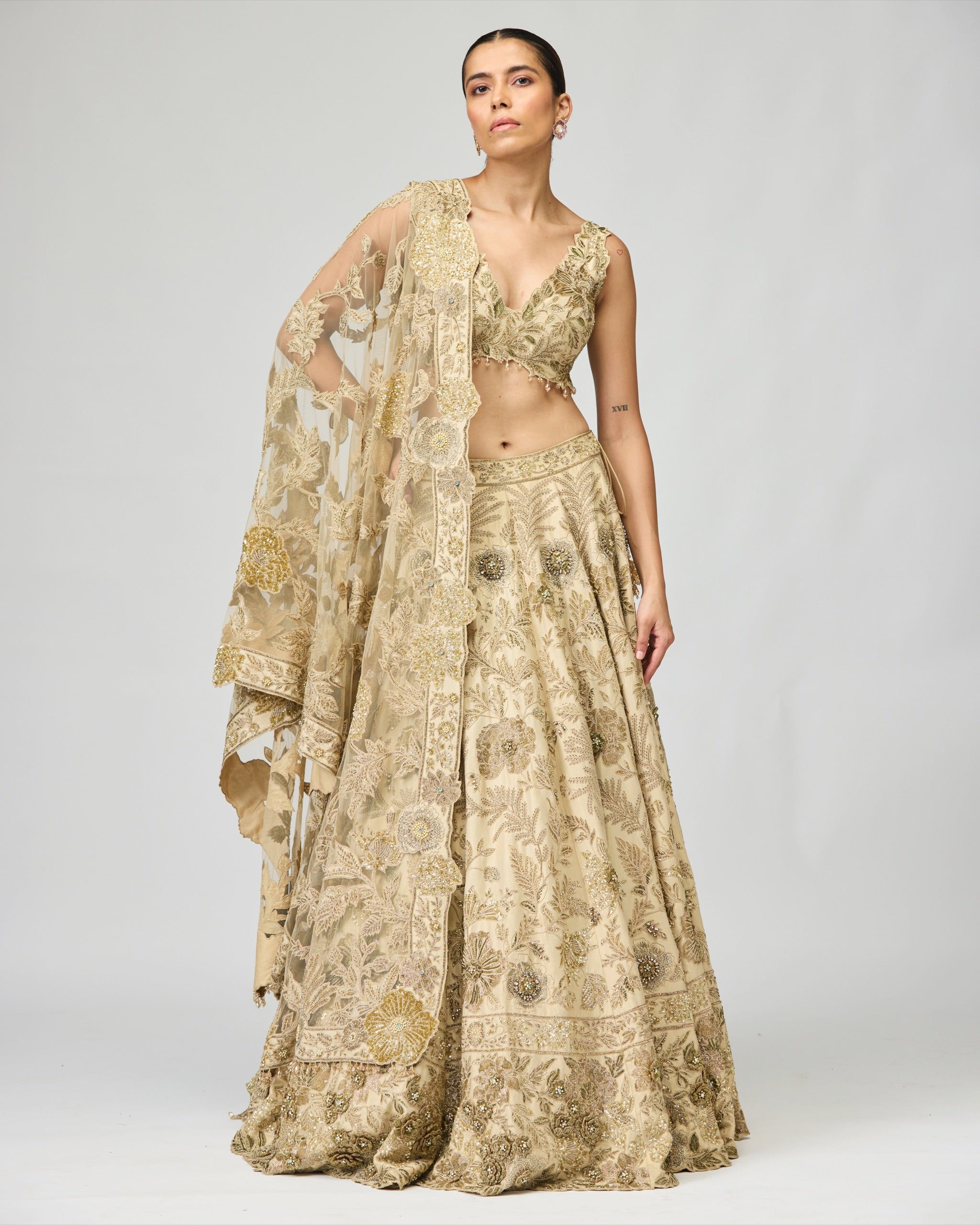 BEIGE TISSUE LEHENGA SET