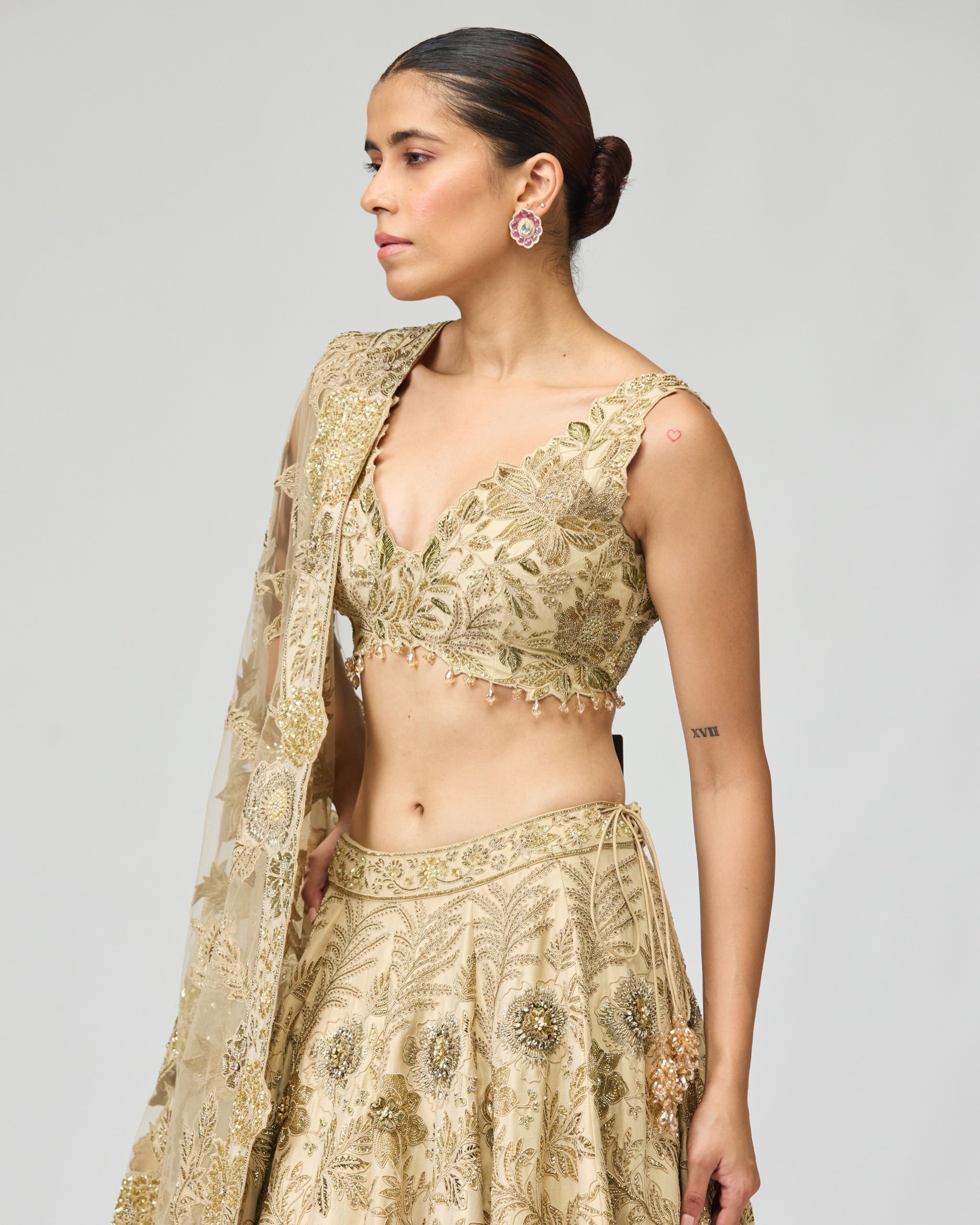 BEIGE TISSUE LEHENGA SET