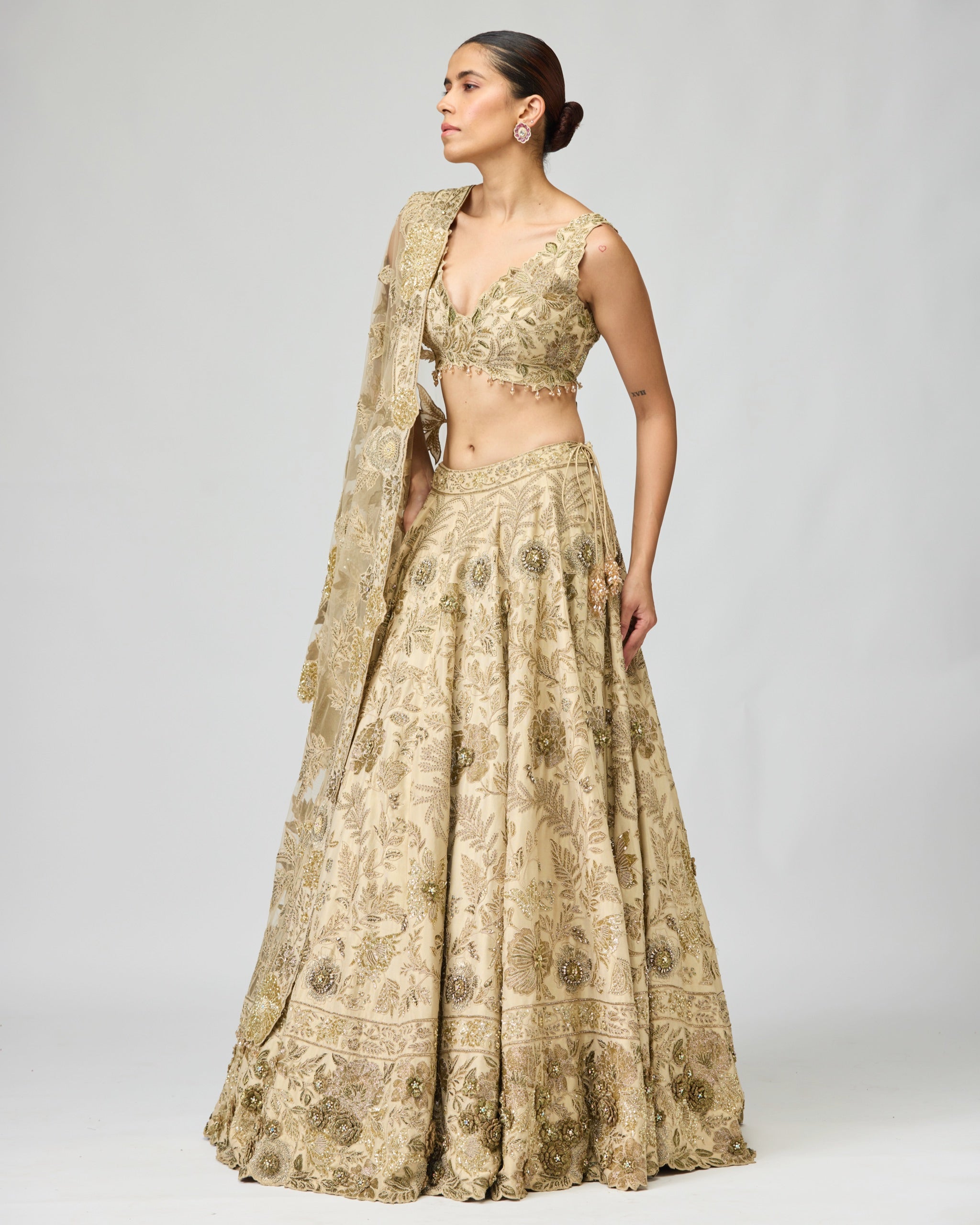 BEIGE TISSUE LEHENGA SET