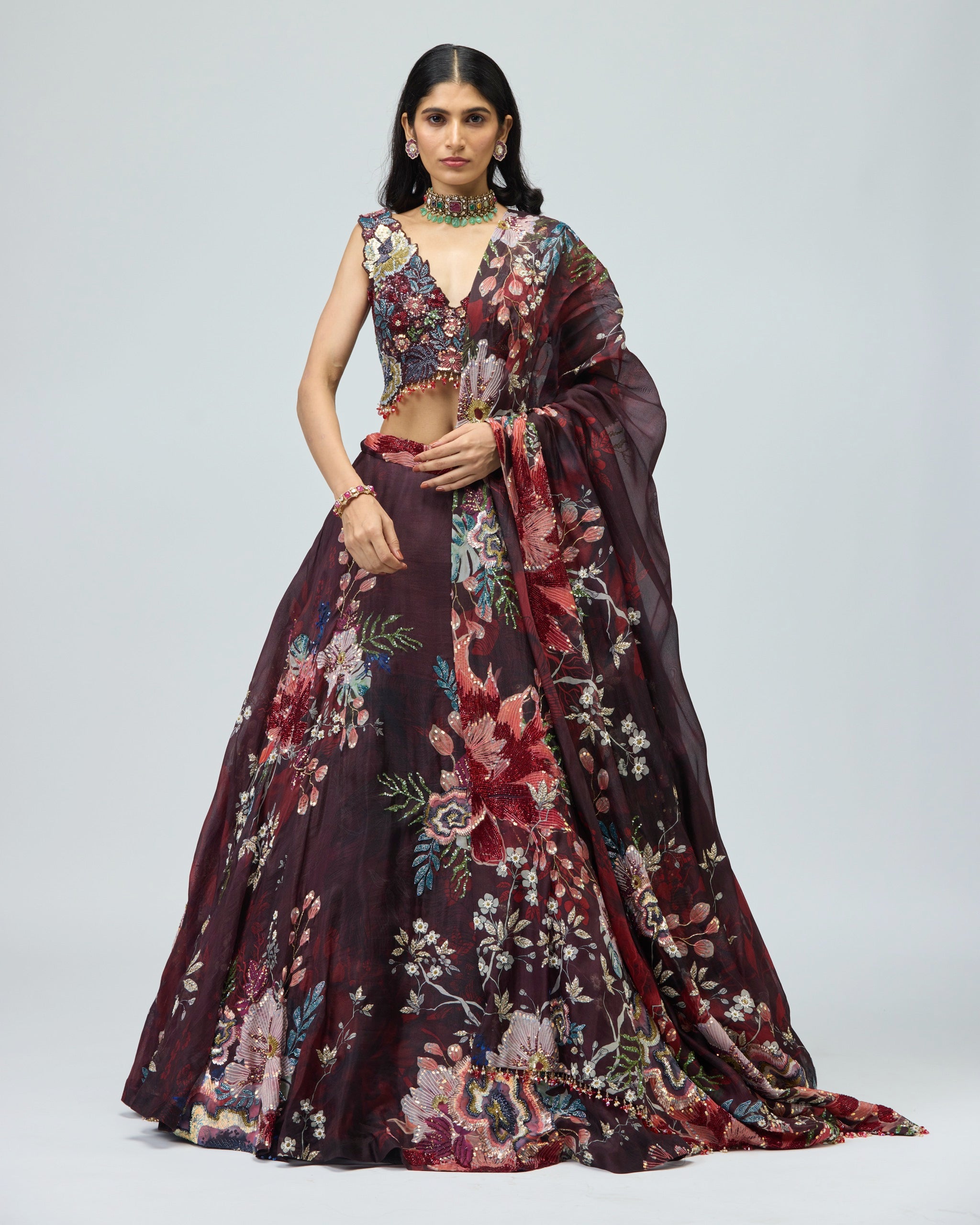 BLACK SILK ORGANZA LEHENGA SET