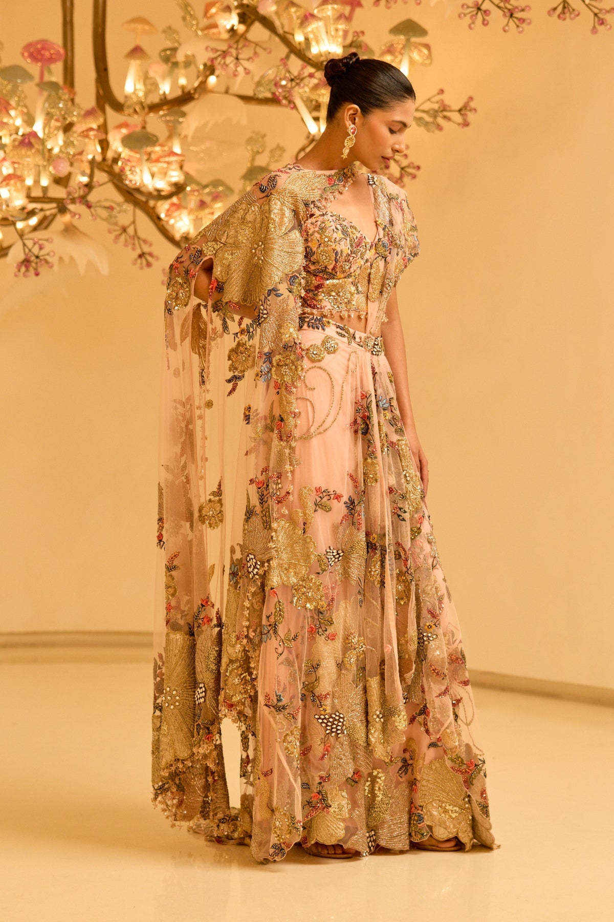 BOTANICAL DRAPED SAREE WITH CAPE