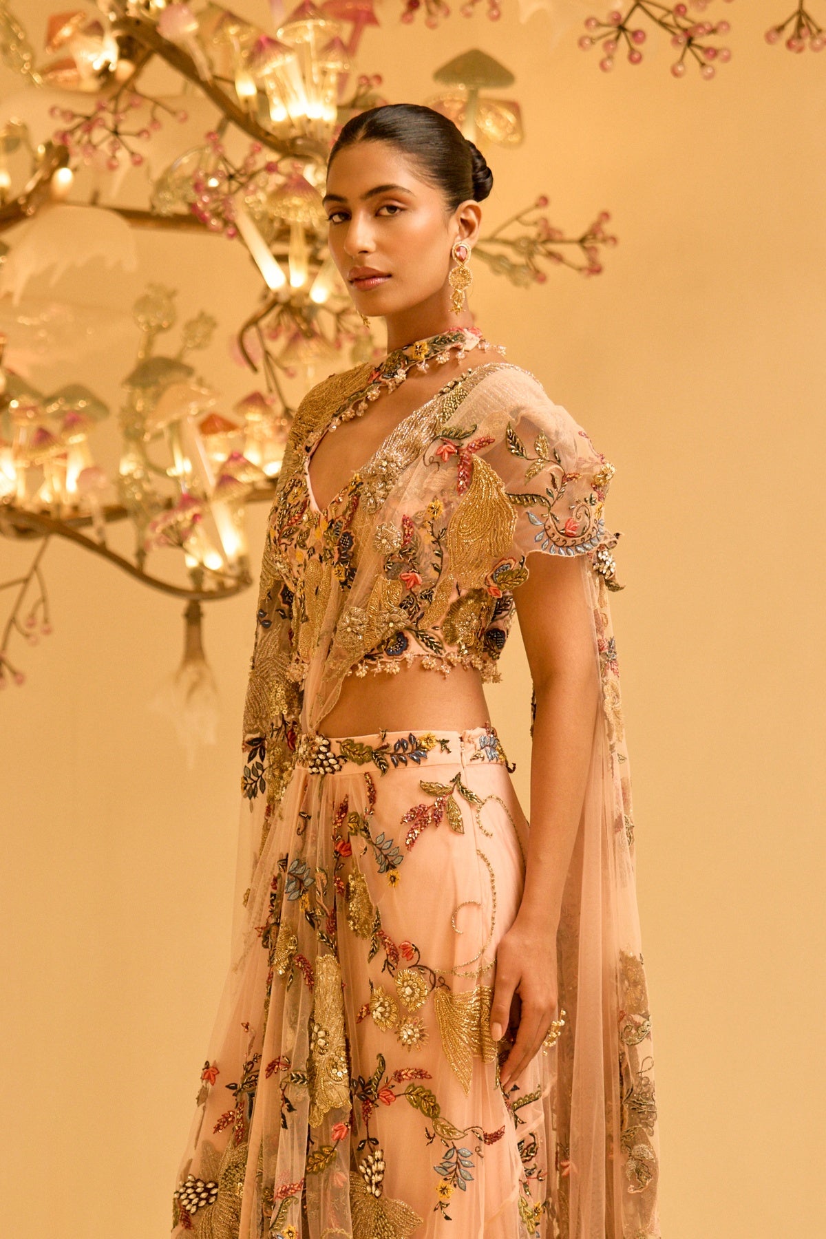 BOTANICAL DRAPED SAREE WITH CAPE