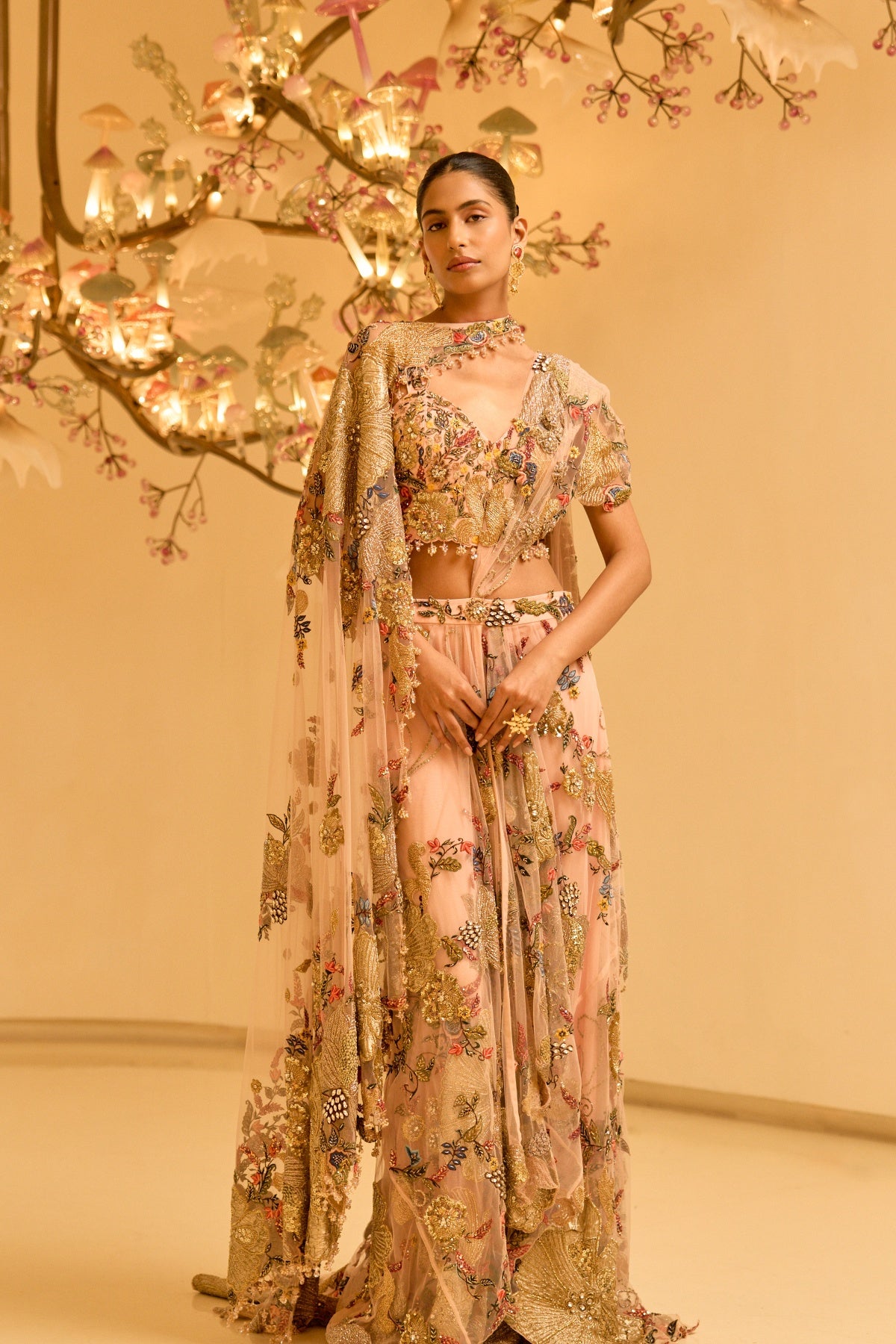 BOTANICAL DRAPED SAREE WITH CAPE