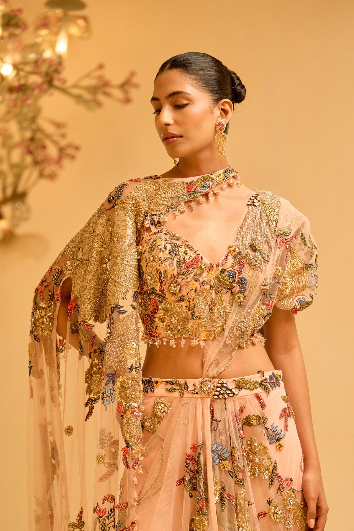 BOTANICAL DRAPED SAREE WITH CAPE