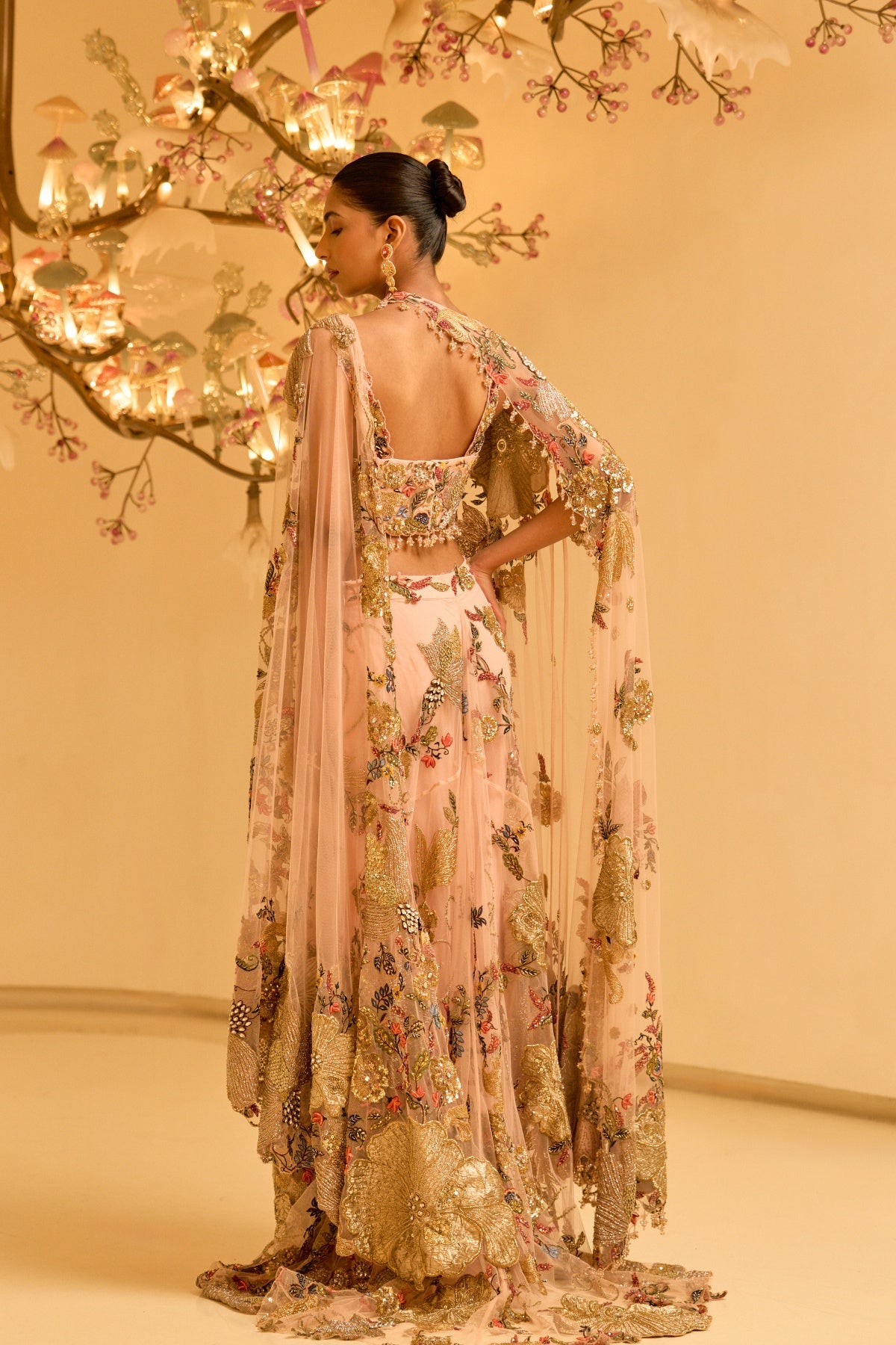 BOTANICAL DRAPED SAREE WITH CAPE