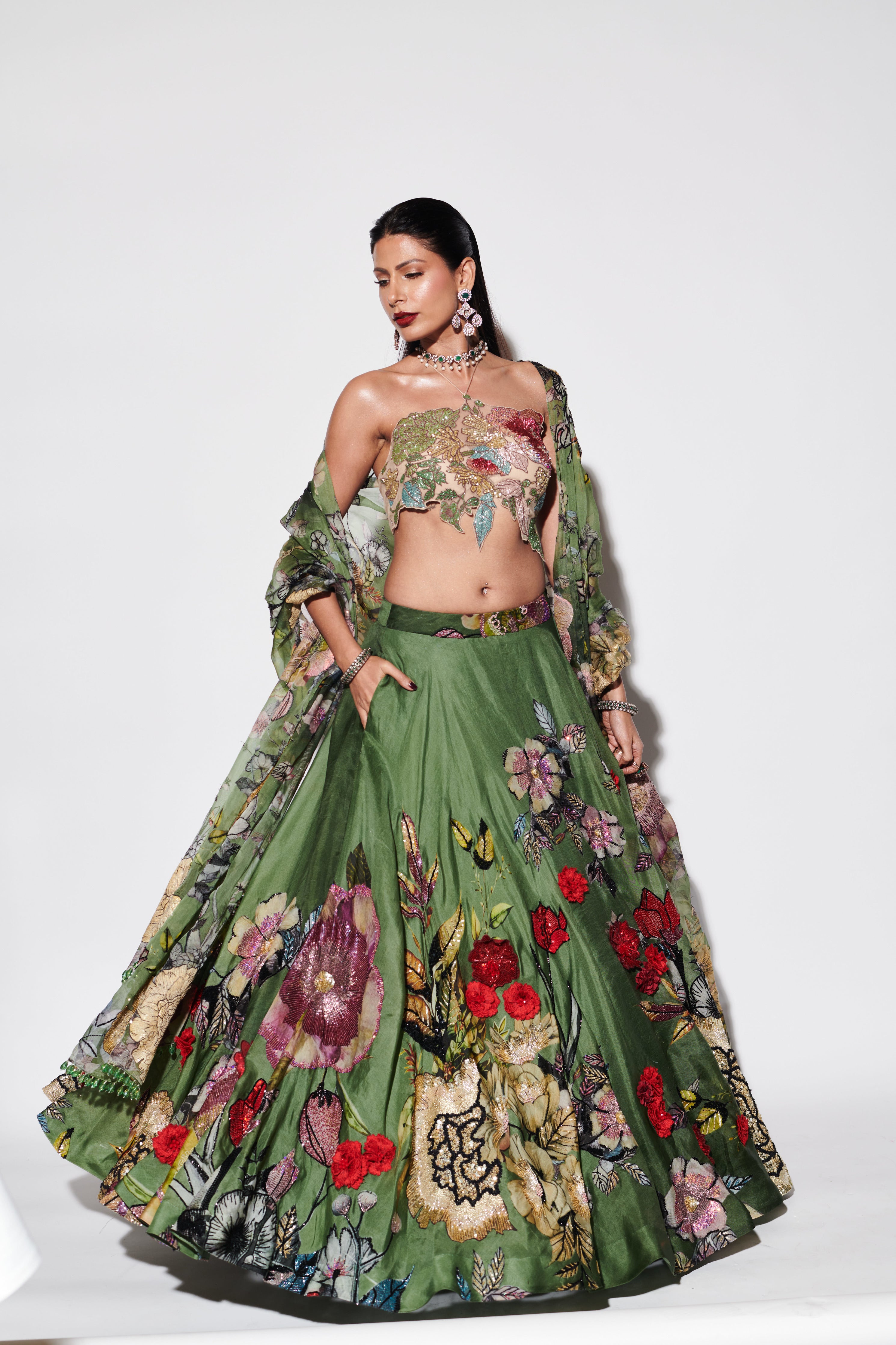 GREEN EMBELLISHED PRINTED LEHENGA SET