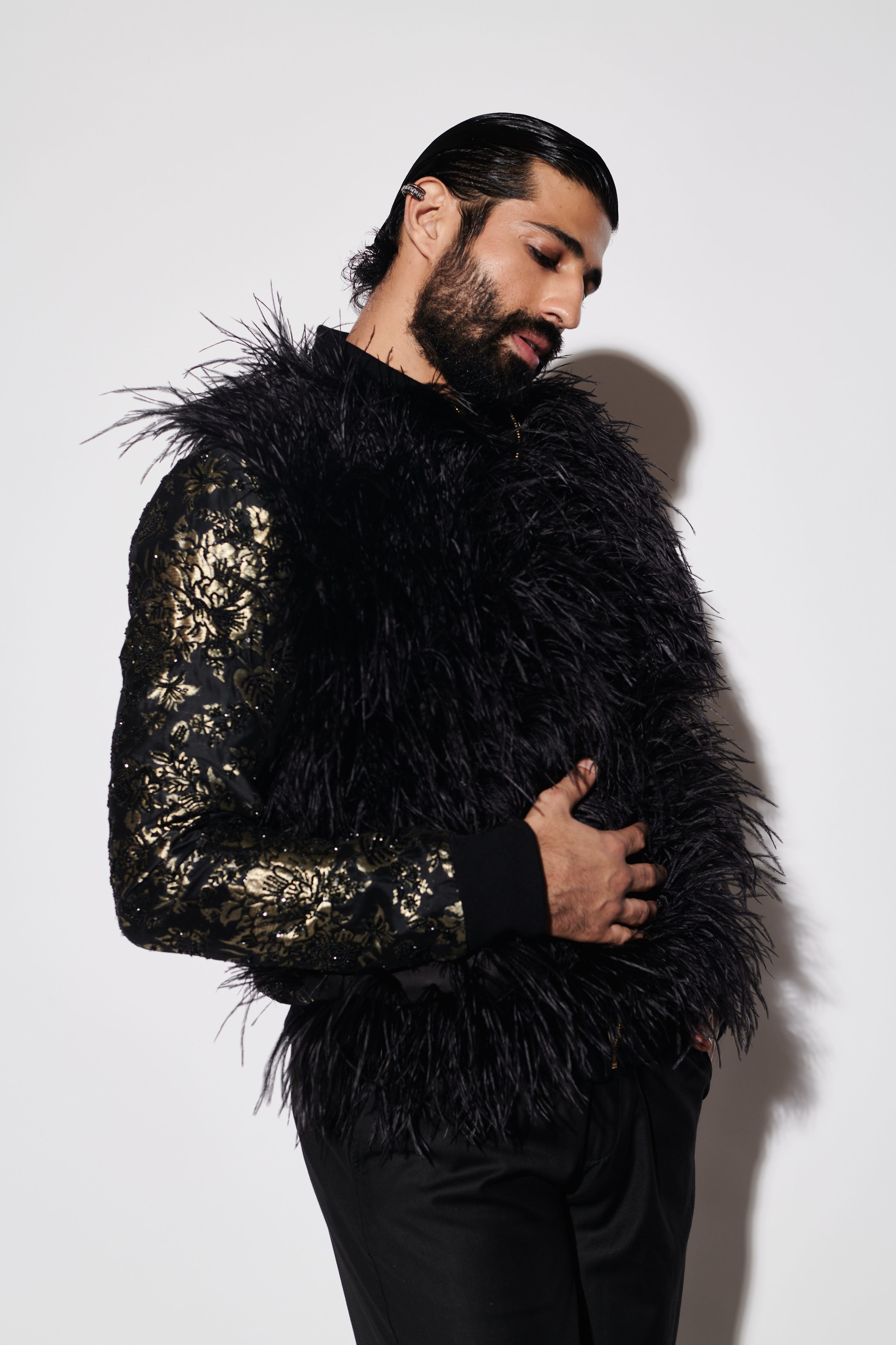 Black Embroidered Feather Bomber Jacket Set