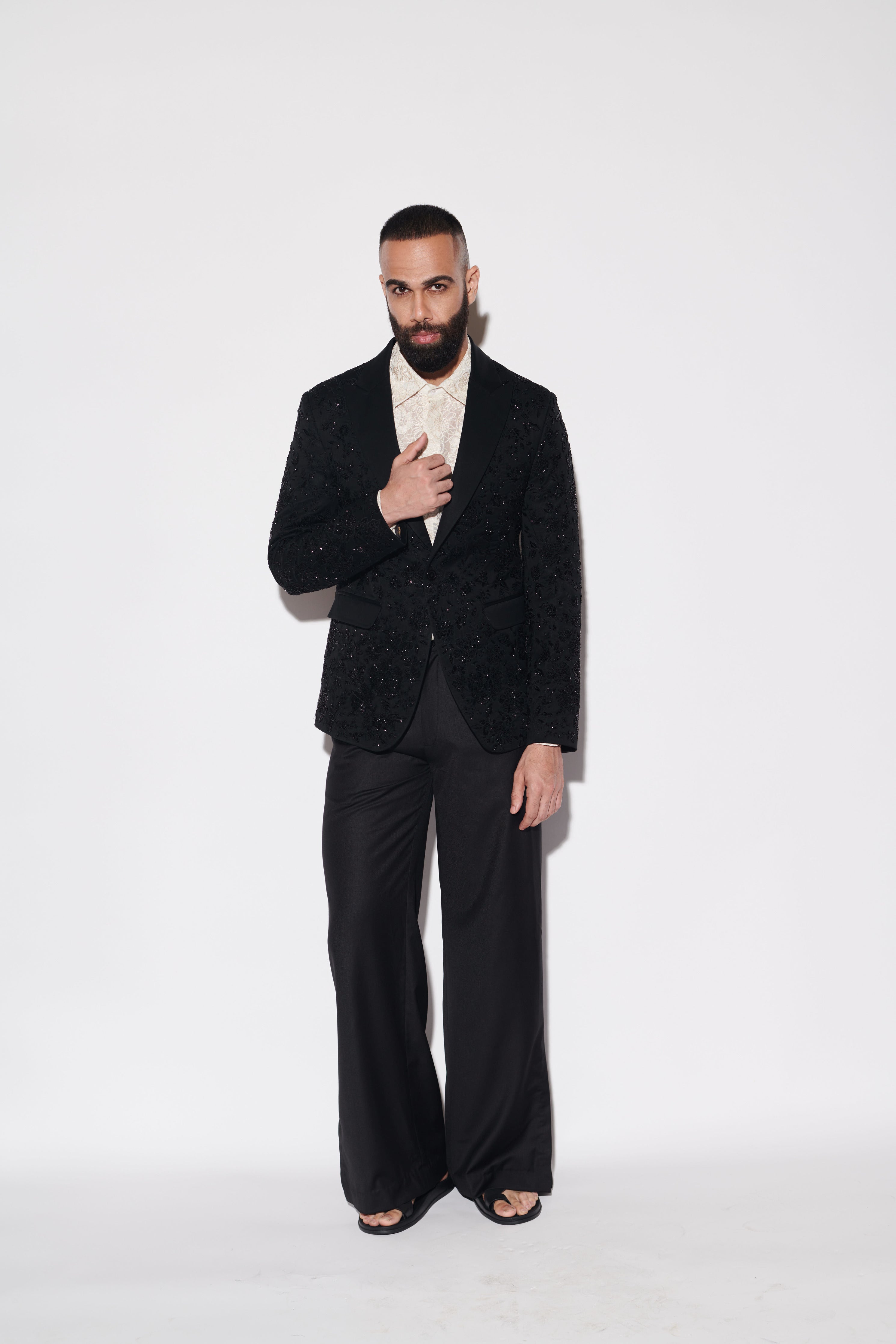 Black Embroidered Tuxedo Set