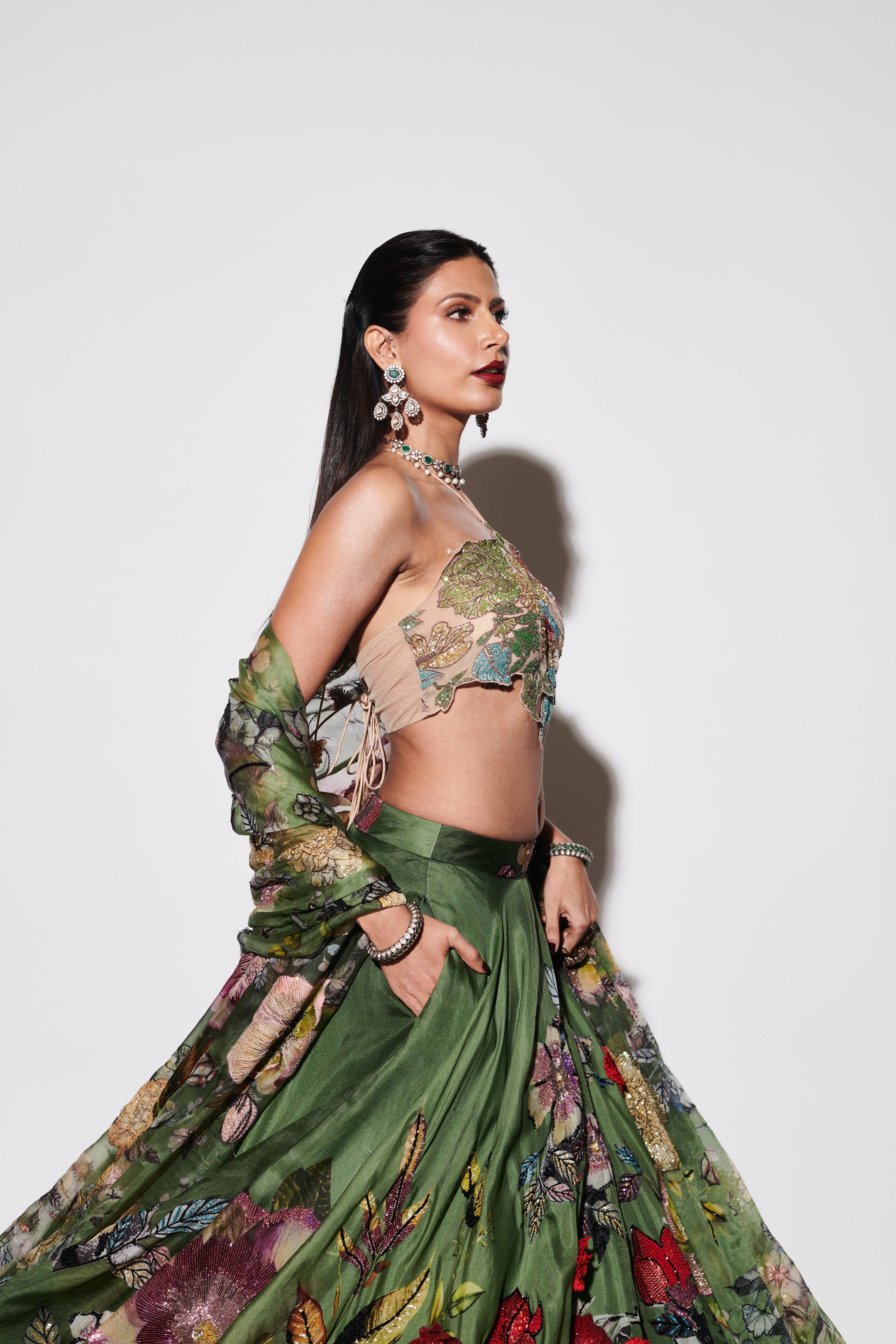 GREEN EMBELLISHED PRINTED LEHENGA SET