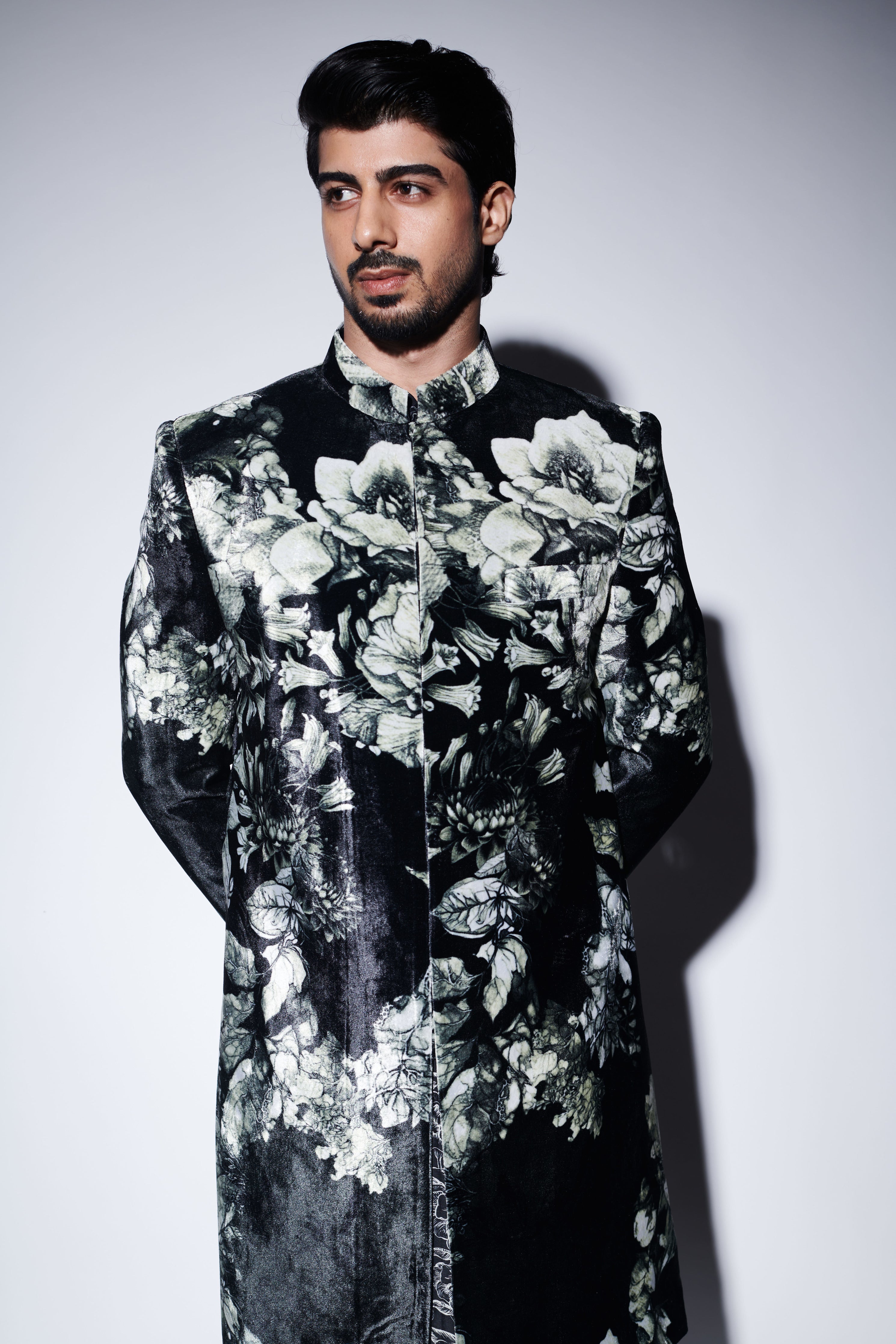 Black Printed Sherwani Set