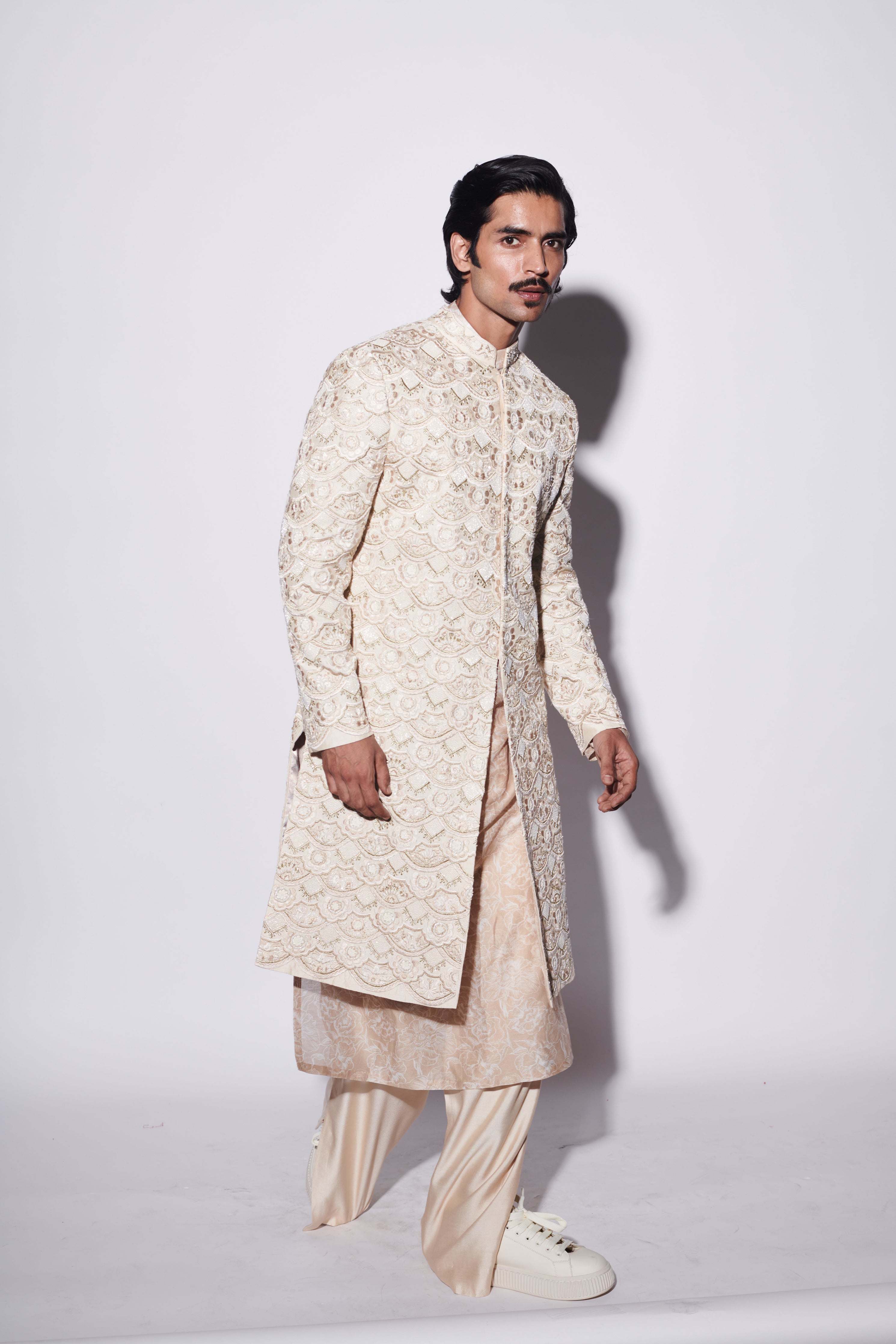 Beige Embroidered Sherwani Set