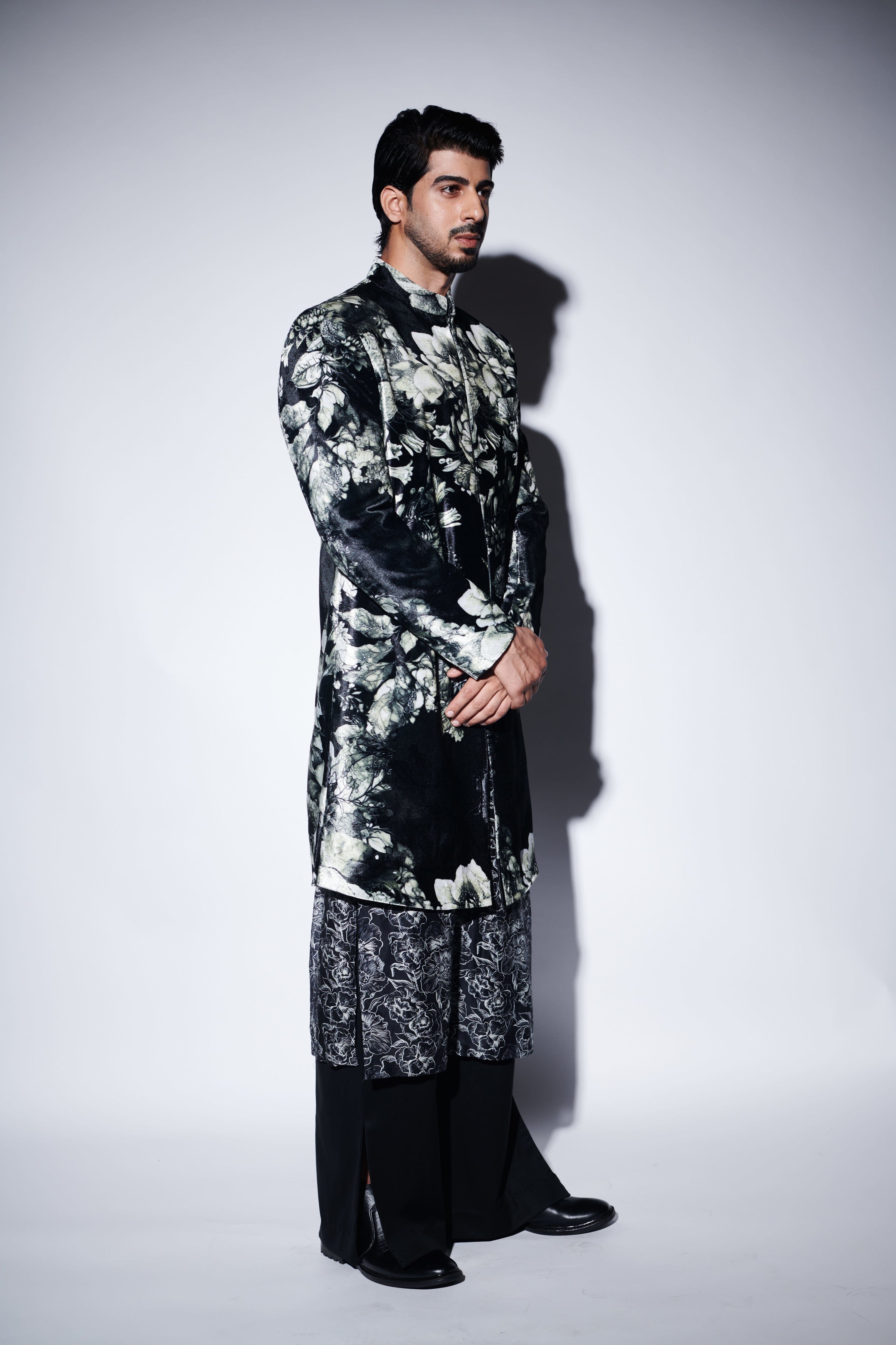 Black Printed Sherwani Set