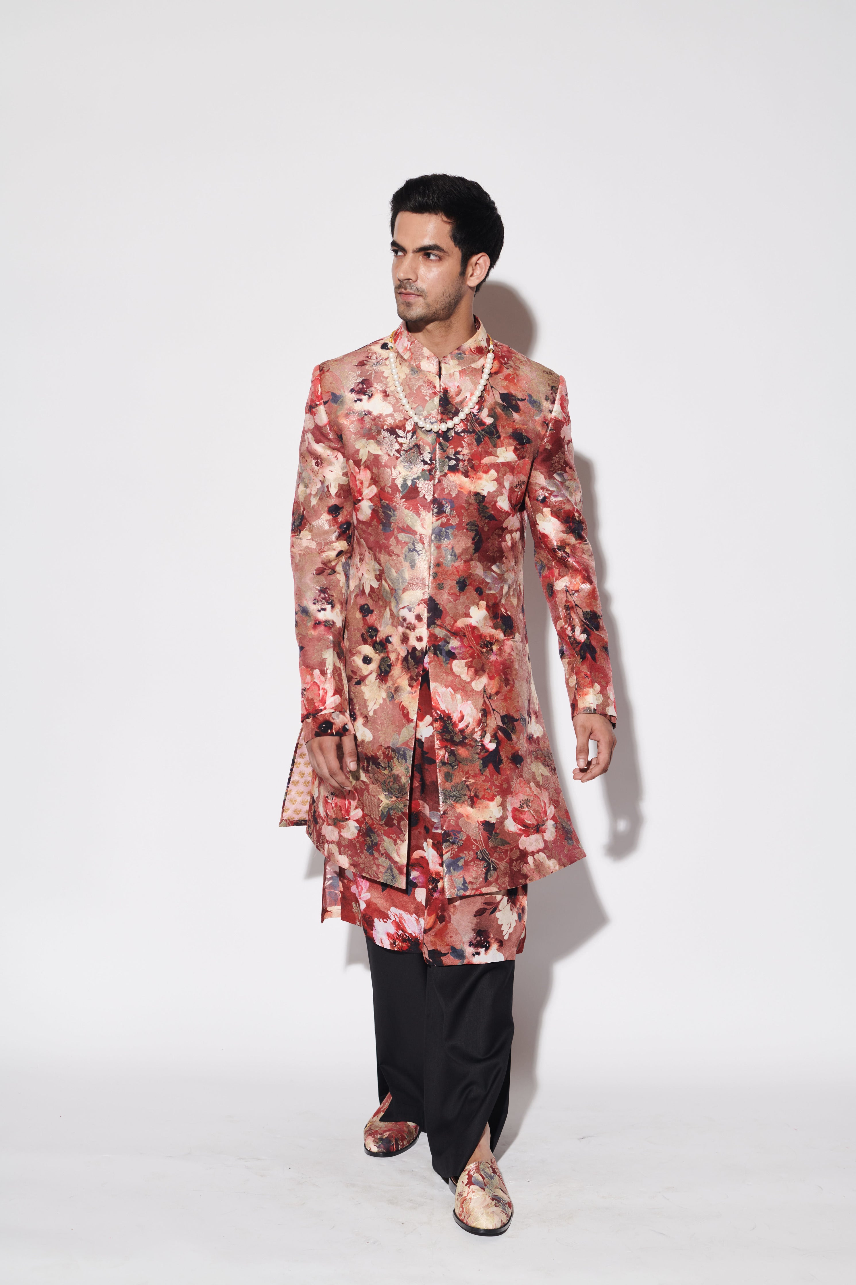 Red Printed Brocade Sherwani Set