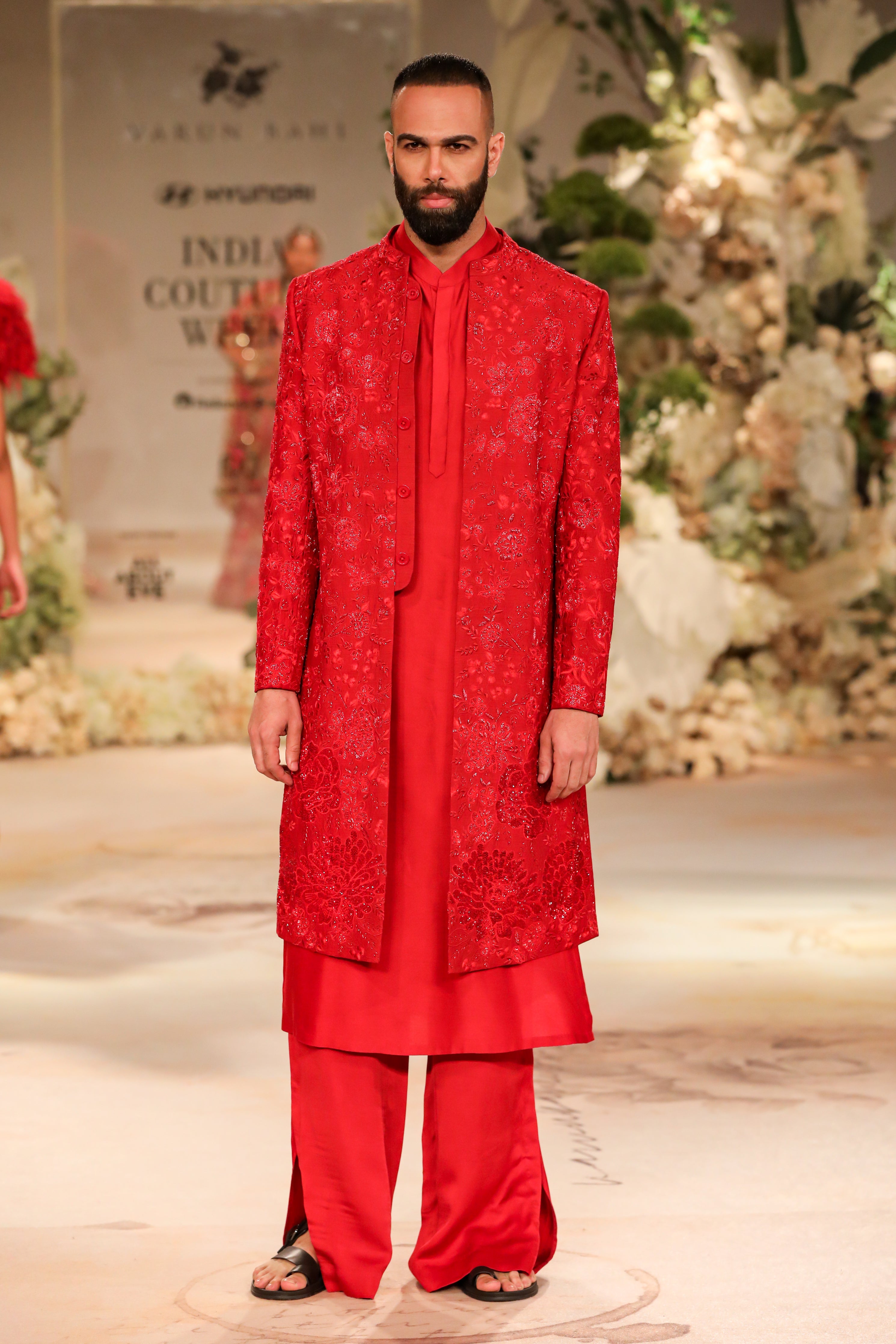 Red Embroidered Sherwani Set